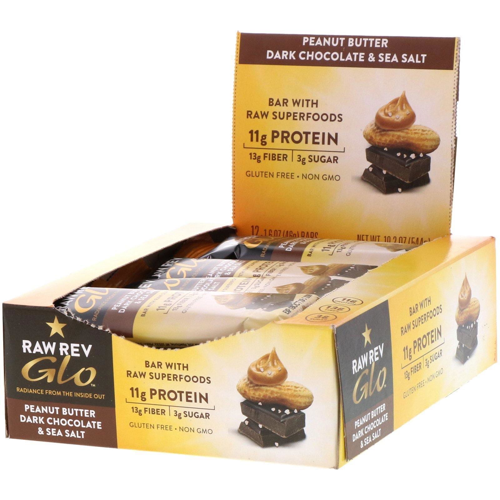 Raw Rev, Glo, mantequilla de cacahuete Chocolate oscuro y sal marina, 12 barras, 1,6 onzas (46 g) cada uno