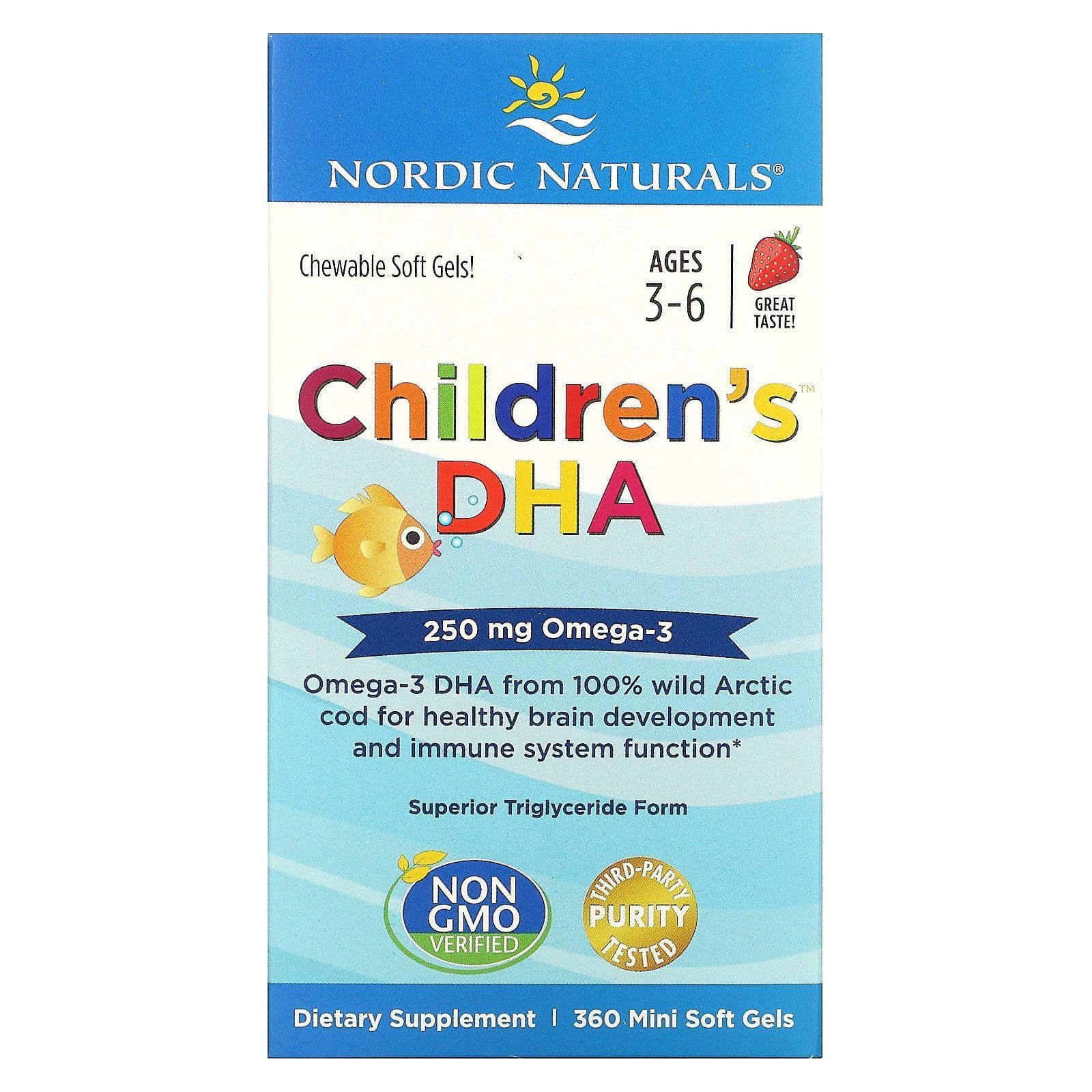 Nordic Naturals, Children's DHA, DHA para niños de 3 a 6 años, Fresa, 250 mg, 360 minicápsulas blandas
