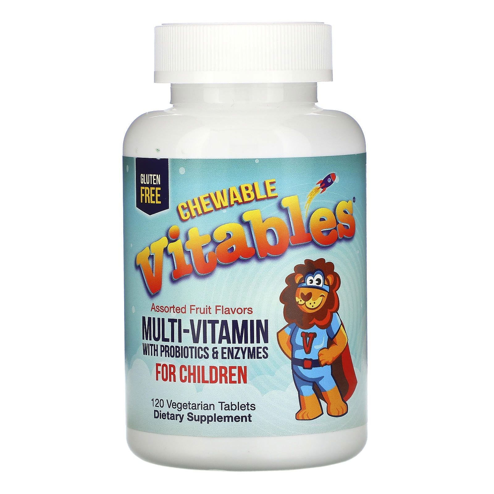 Vitables, Suplemento multivitamínico masticable para niños con probióticos y enzimas, Sabores frutales surtidos, 120 comprimidos vegetales