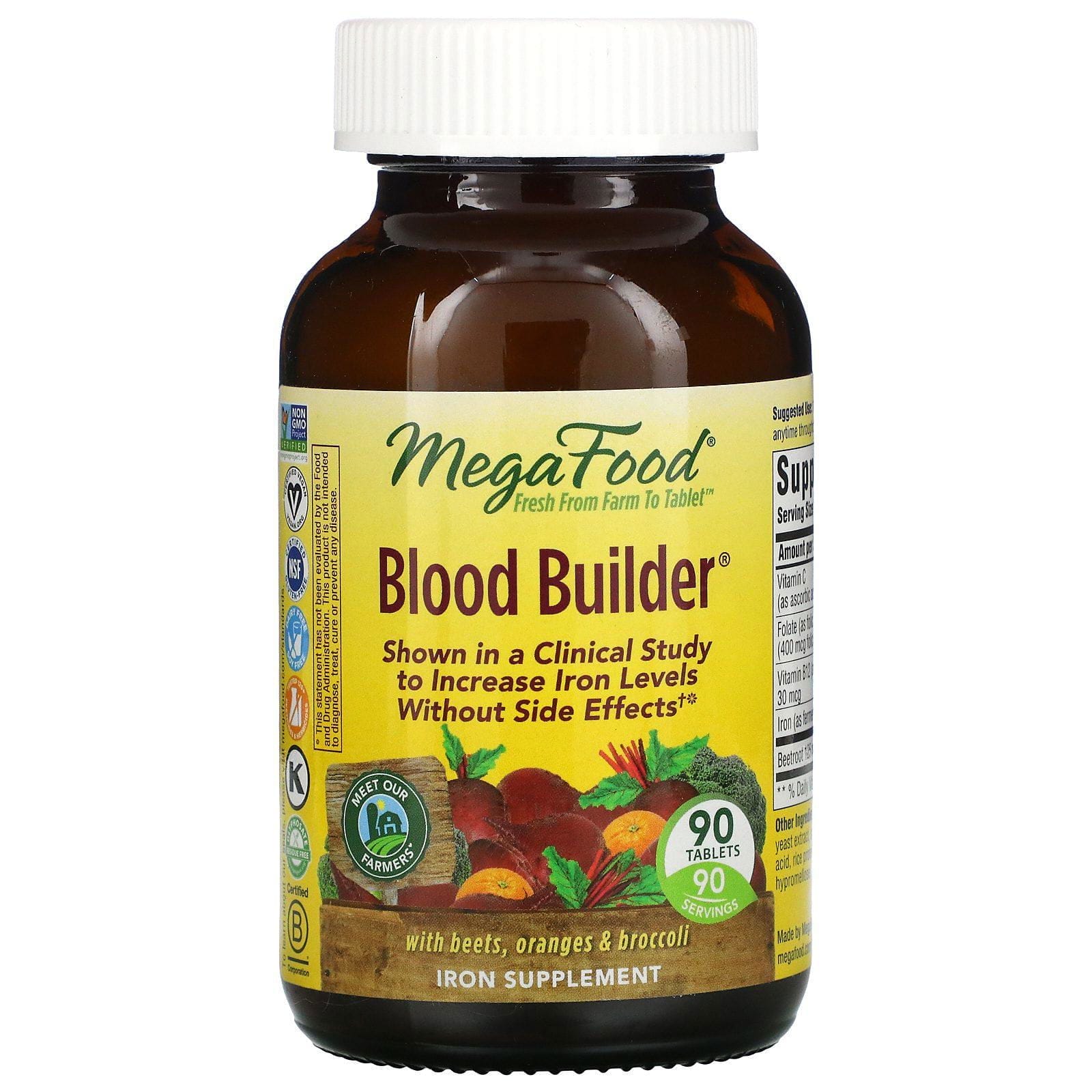 MegaFood, Blood Builder, suplemento de hierro y multivitamínico, 90 tabletas