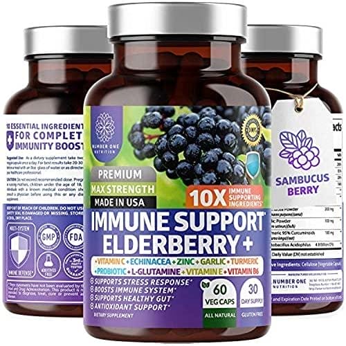 Premium Immune Support Booster, potente [10 en 1] saúco, zinc, vitamina C, E, B6, equinácea, ajo, probiótico y mezcla de cúrcuma. Alta potencia, 60 cápsulas vegetales