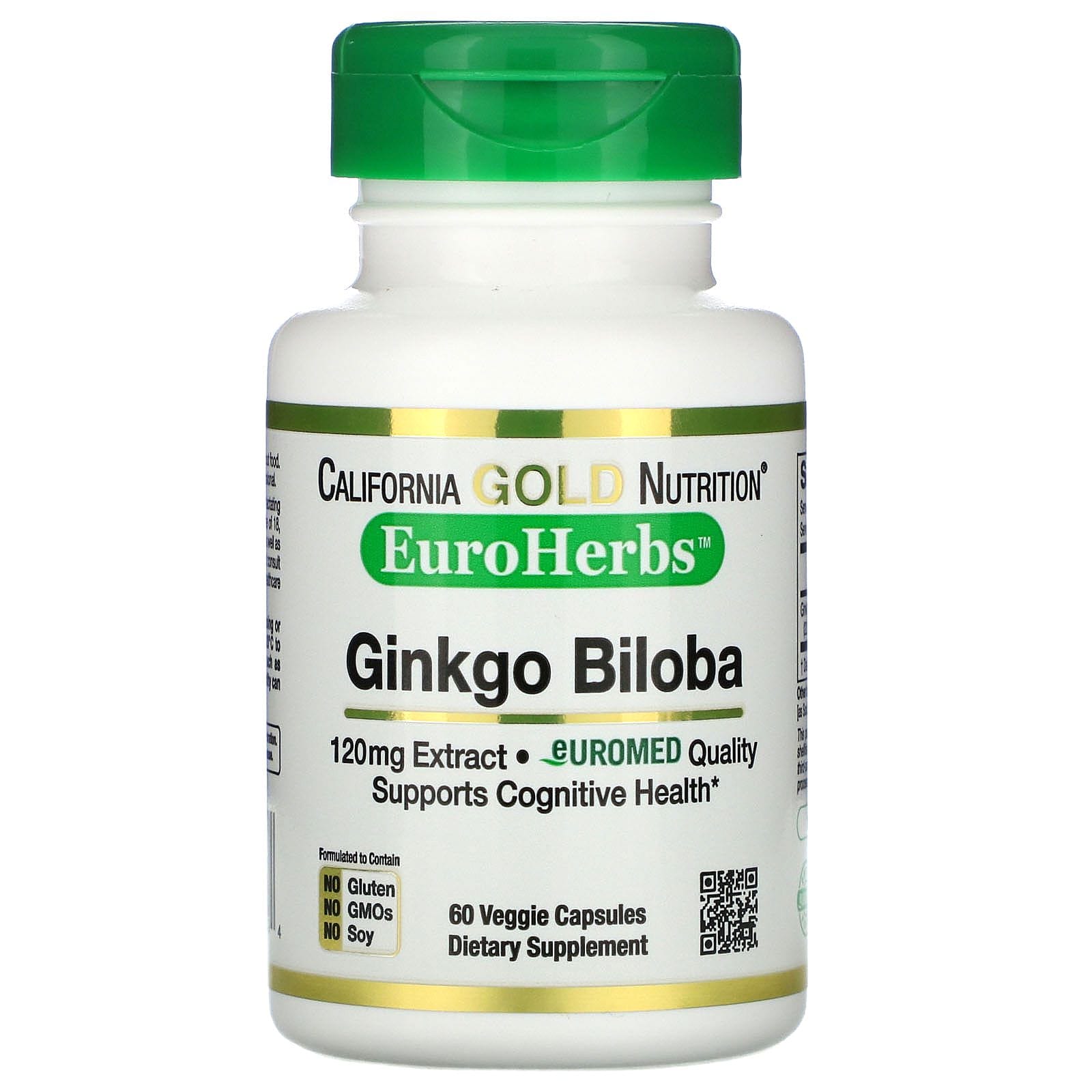 California Gold Nutrition, EuroHerbs, Extracto de Ginkgo biloba, Calidad europea, 120 mg, 60 cápsulas vegetales