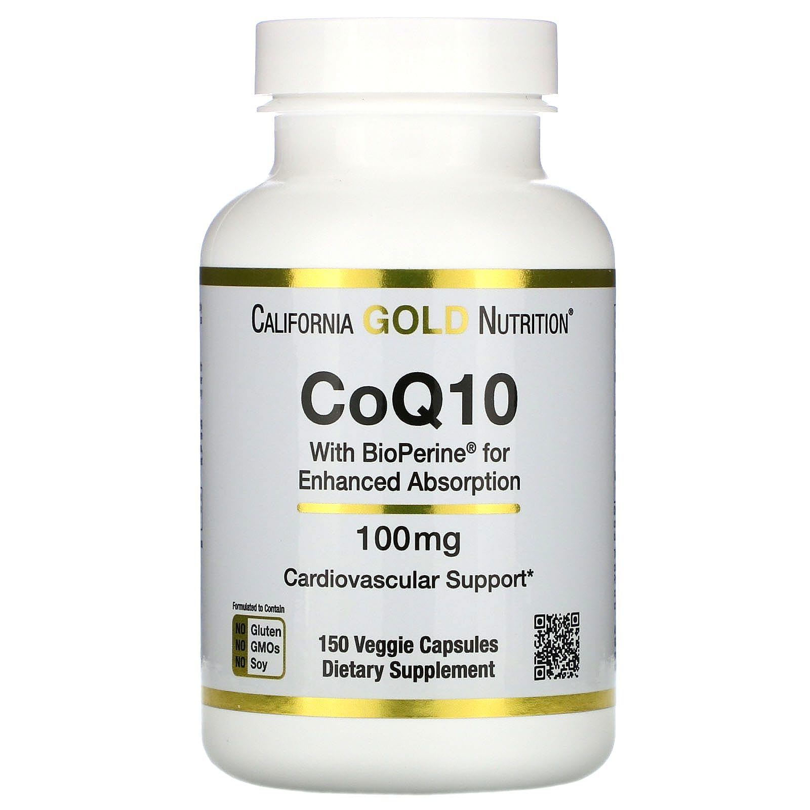 California Gold Nutrition, CoQ10 verificada por la farmacopea de EE. UU. (USP) con BioPerine, 100 mg, 150 cápsulas vegetales