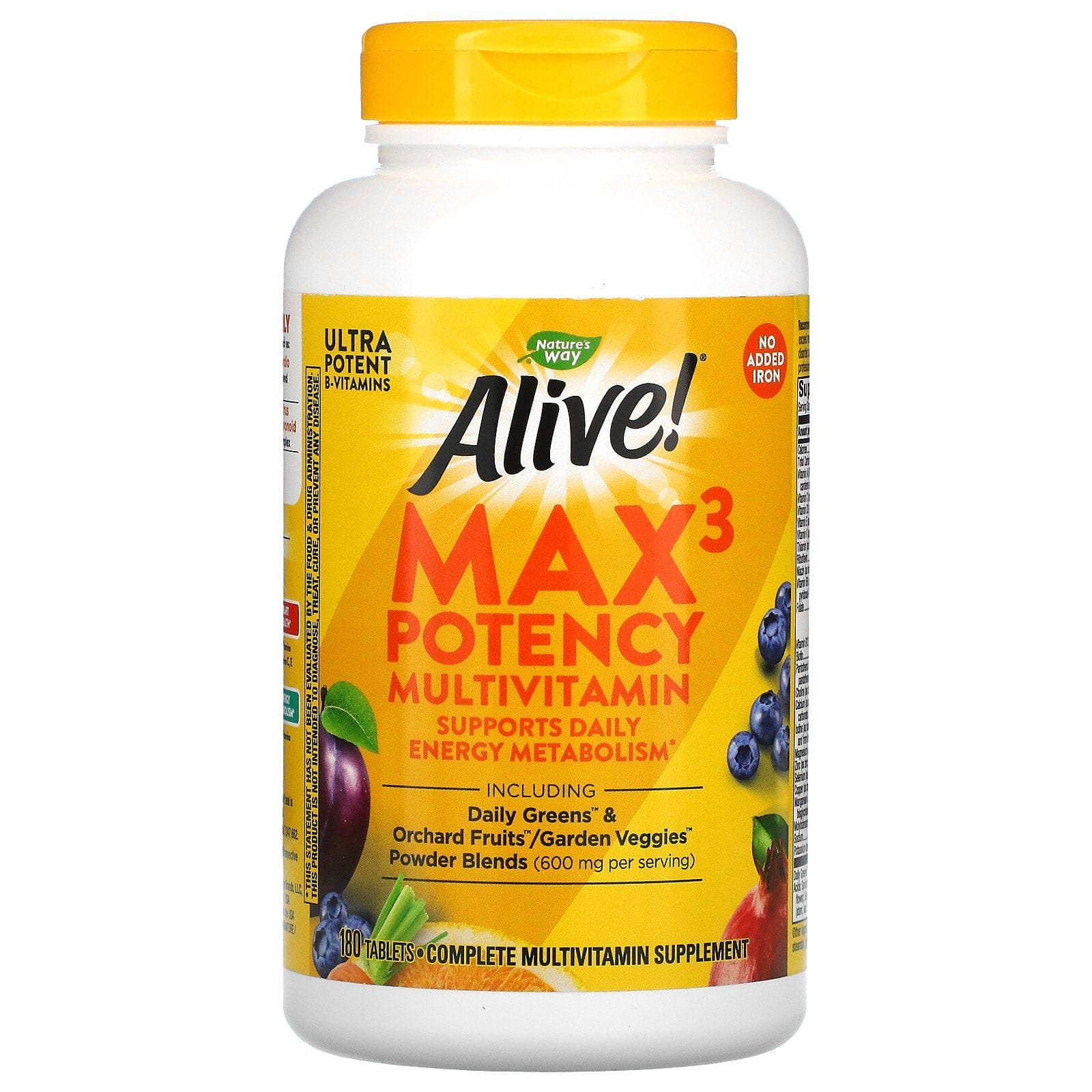 Nature's Way, Alive! Suplemento multivitamínico de potencia Max3, Sin hierro agregado, 180 comprimidos