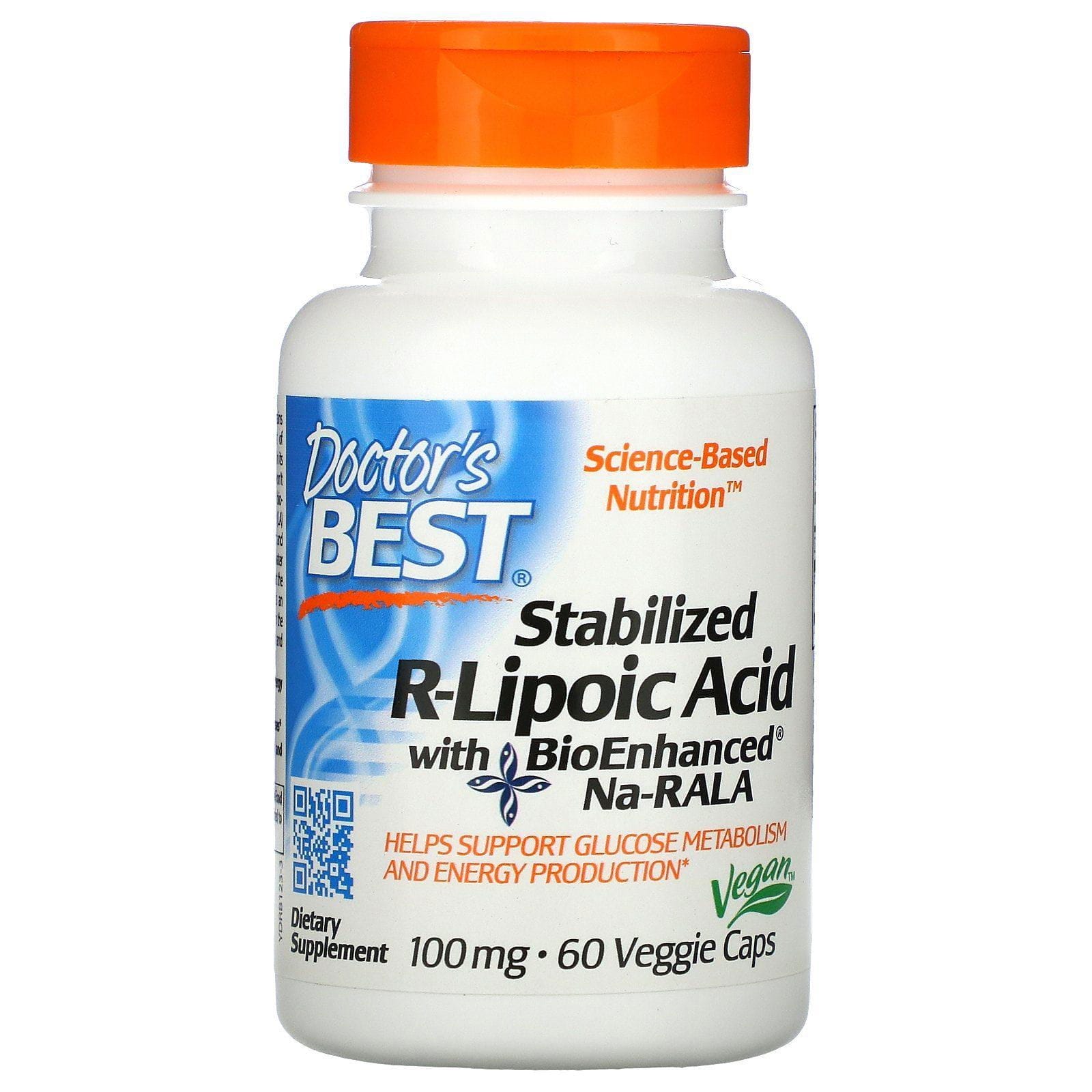 Doctor's Best, Ácido R-lipoico estabilizado con Na-RALA BioEnhanced, 100 mg, 60 cápsulas vegetales