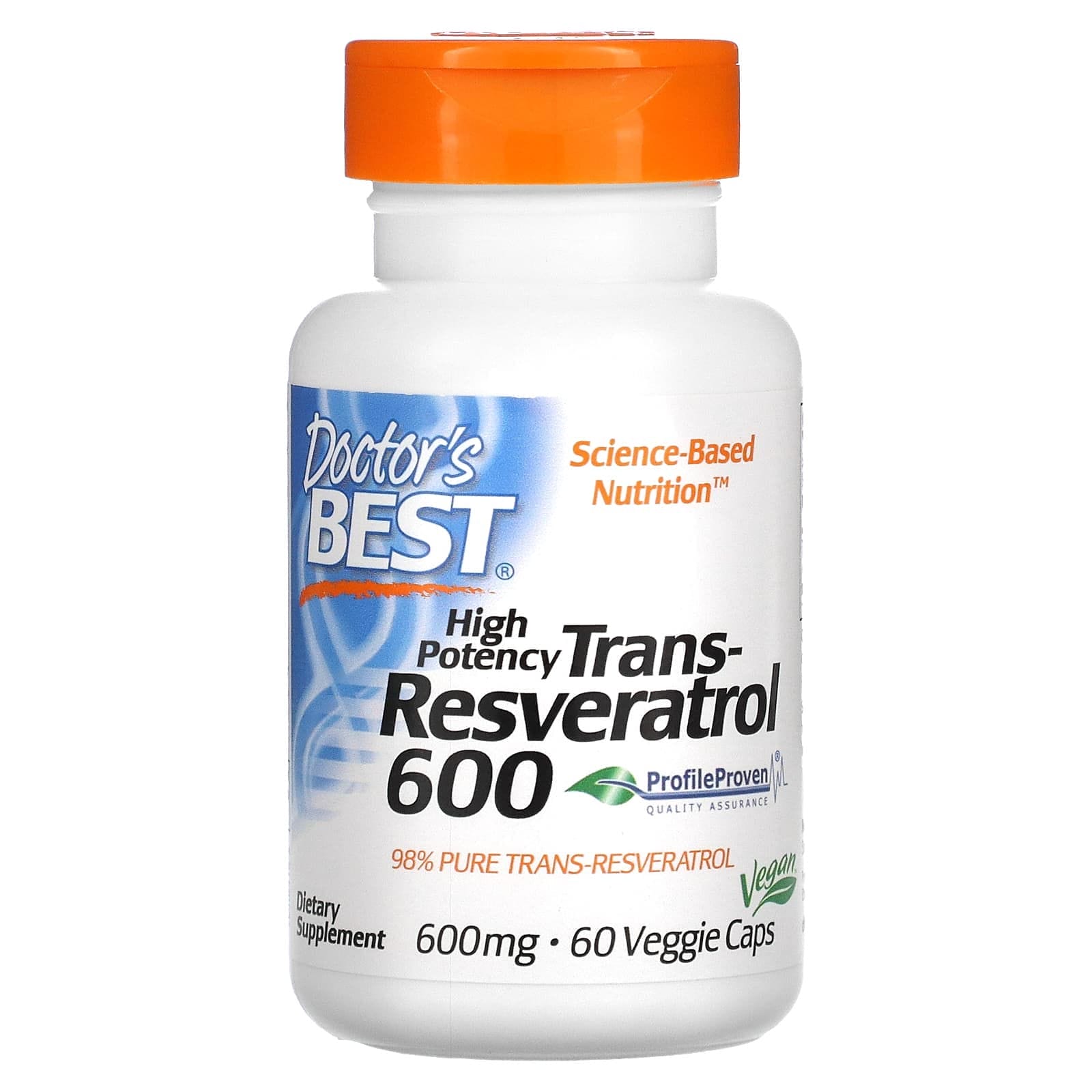 Doctor's Best, Trans-resveratrol de alta potencia 600, 600 mg, 60 cápsulas vegetales