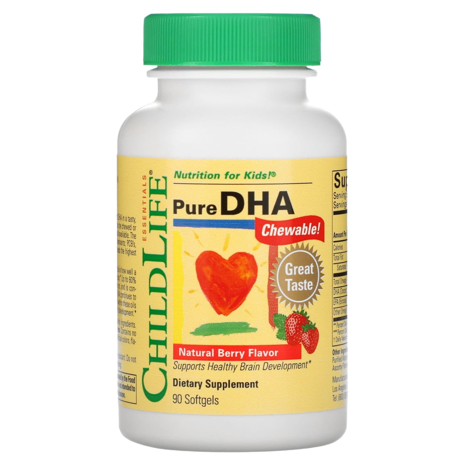 ChildLife Essentials, DHA puro, Sabor natural a bayas, 90 cápsulas blandas