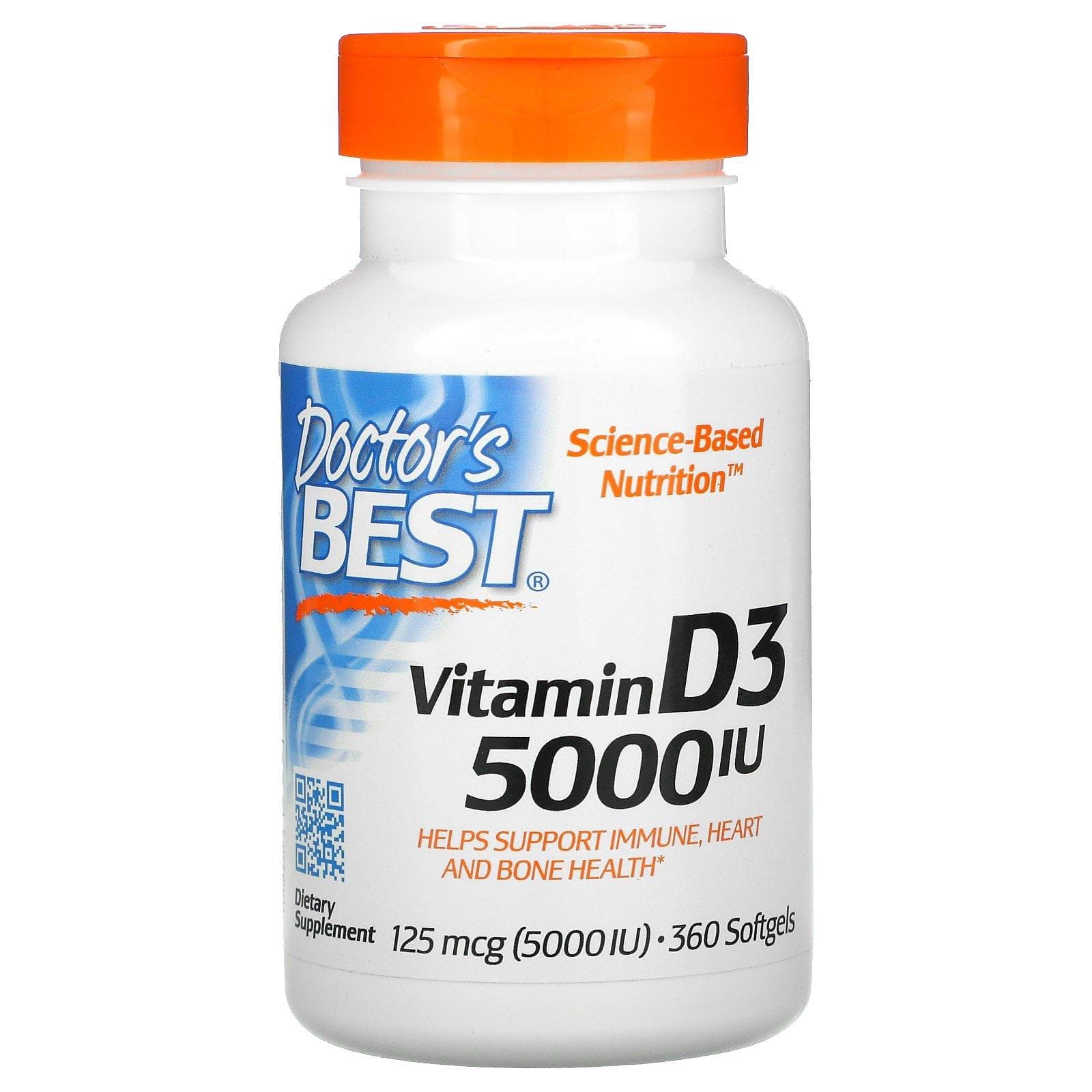 Doctor's Best, Vitamina D3, 125 mcg (5000 UI), 360 cápsulas blandas