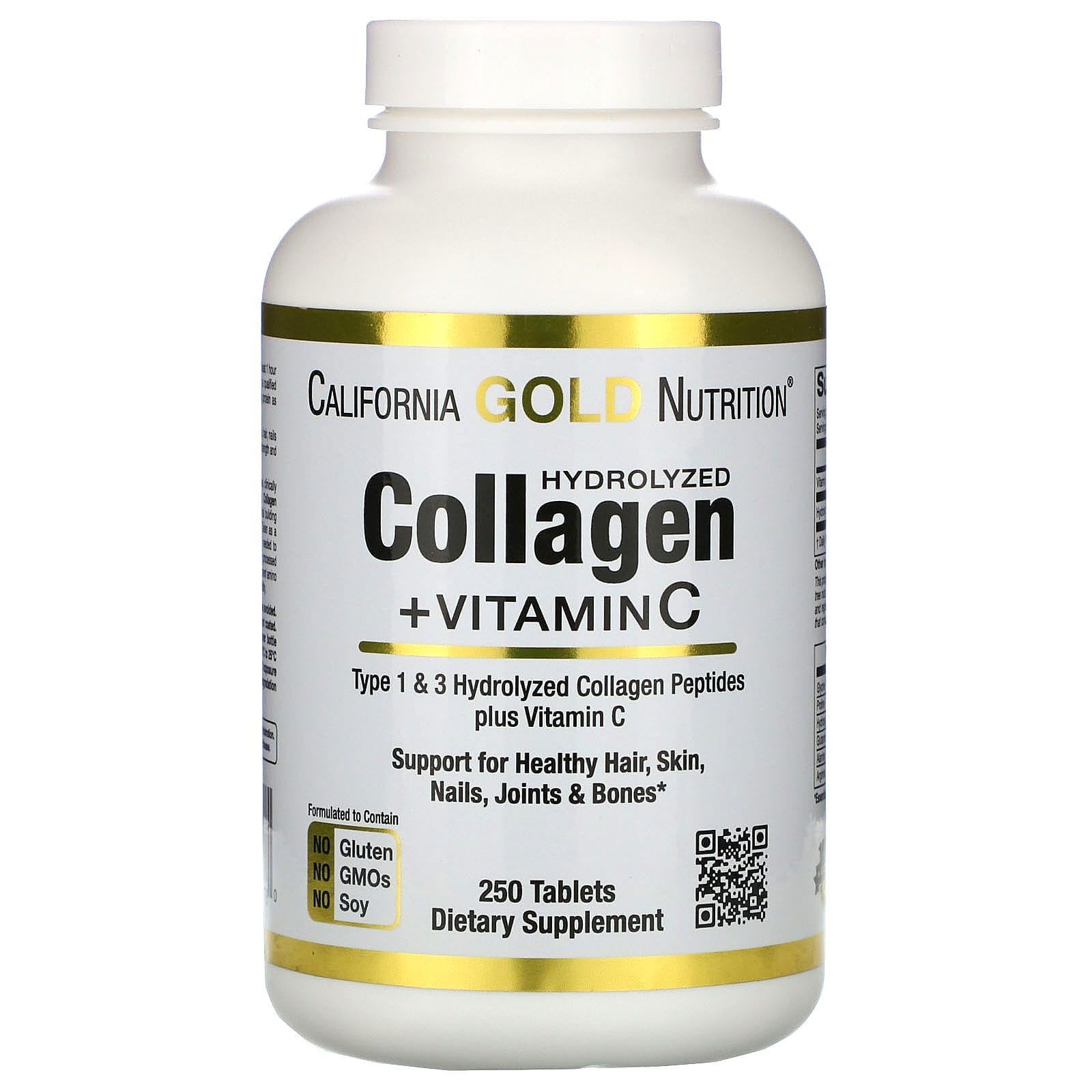 California Gold Nutrition, Péptidos de colágeno hidrolizado más vitamina C, Tipo 1 y 3, 250 comprimidos