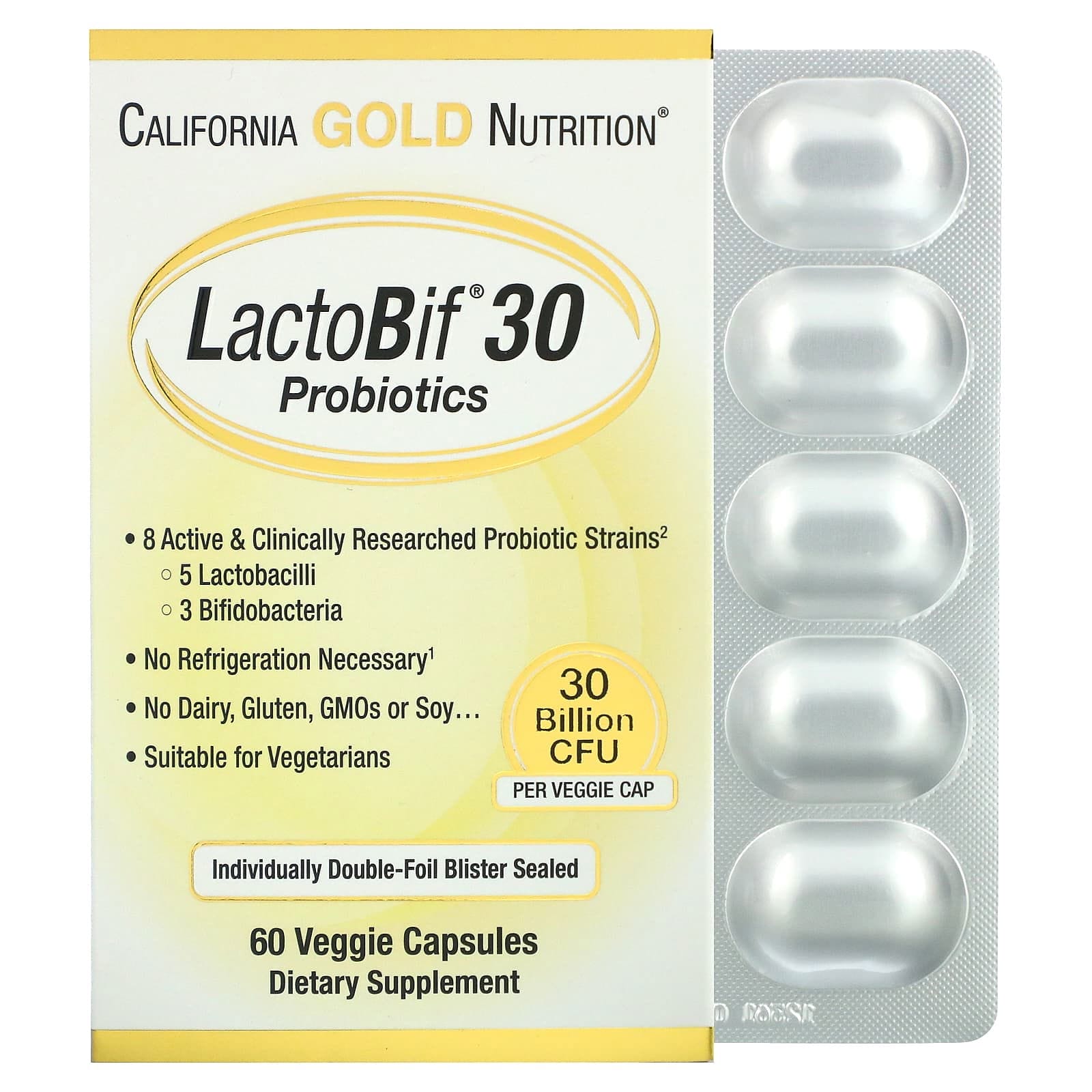 California Gold Nutrition, Probióticos LactoBif, 30 mil millones de UFC, 60 cápsulas vegetales