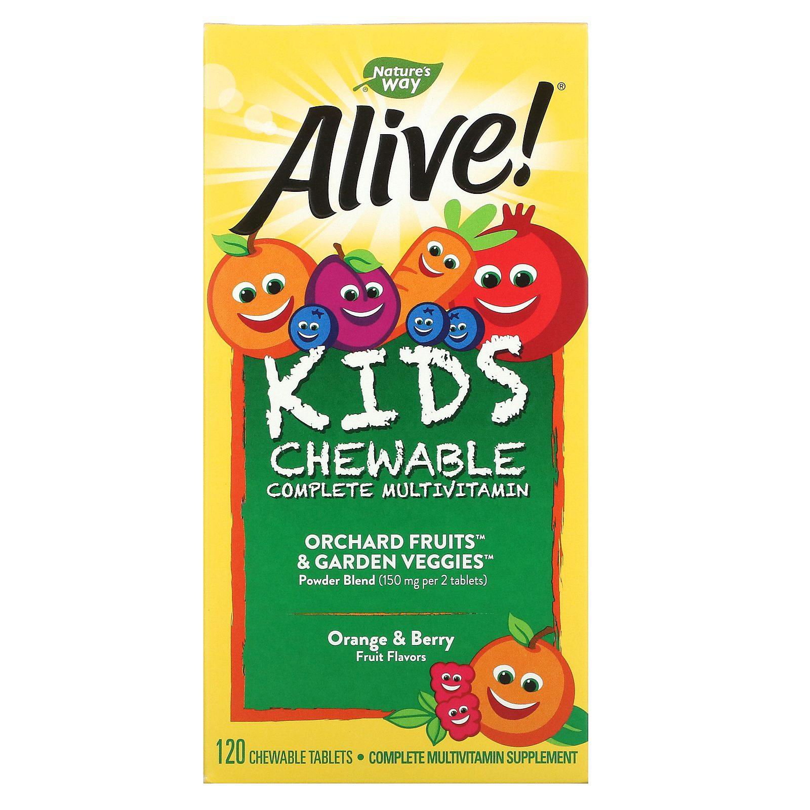 Nature's Way, Alive! Suplemento multivitamínico masticable para niños, Sabor a naranja y bayas, 120 comprimidos masticables