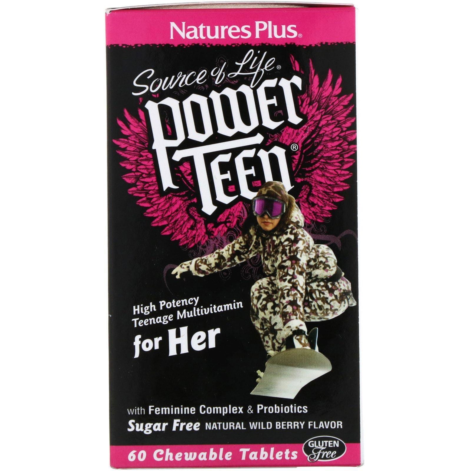 Nature's Plus, Source of Life, Power Teen For Her, sin azúcar, sabor natural a bayas silvestres, 60 tabletas masticables