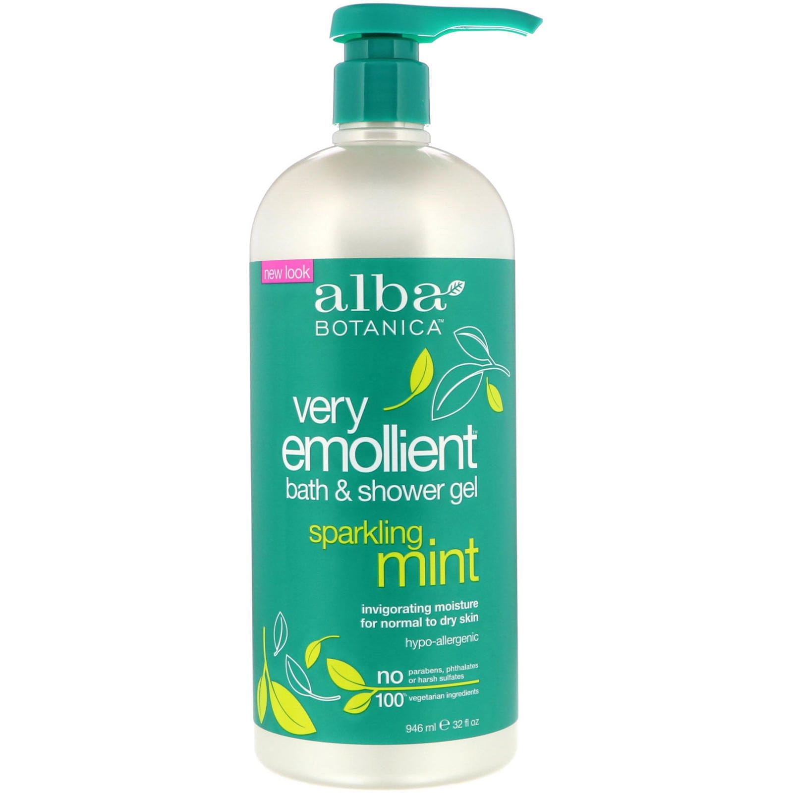 Alba Botanica, Gel emoliente de baño y ducha, menta destellante, 32 fl oz (946 ml)
