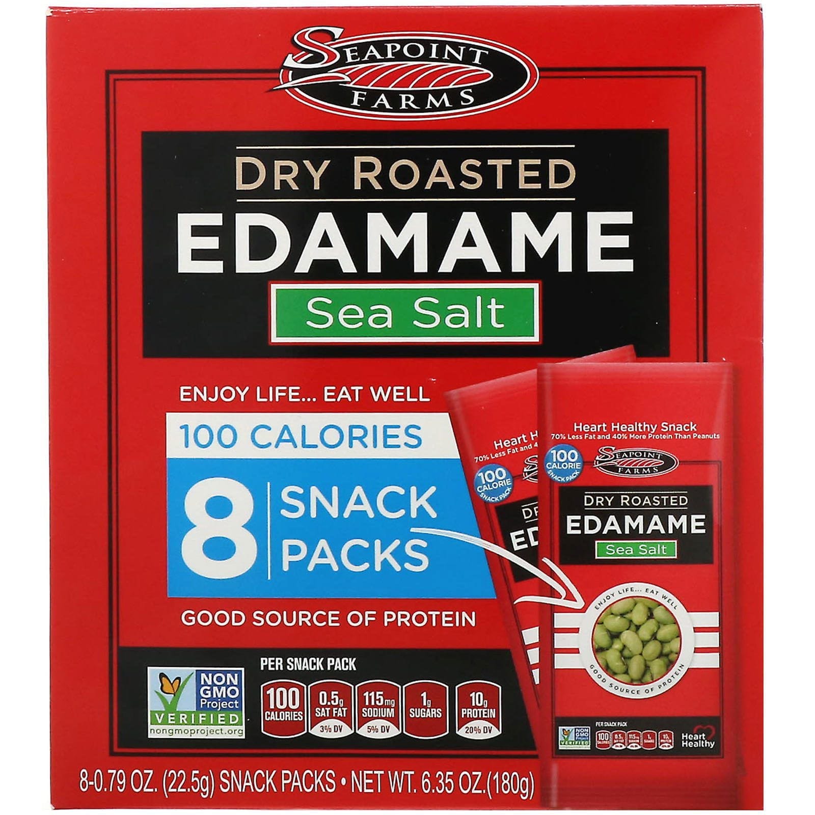Seapoint Farms, Semillas de Soja Tostadas y Secas, Sal de Mar, 8 Paquetes de Refrigerios, 0.79 oz (22.5 g) C/U