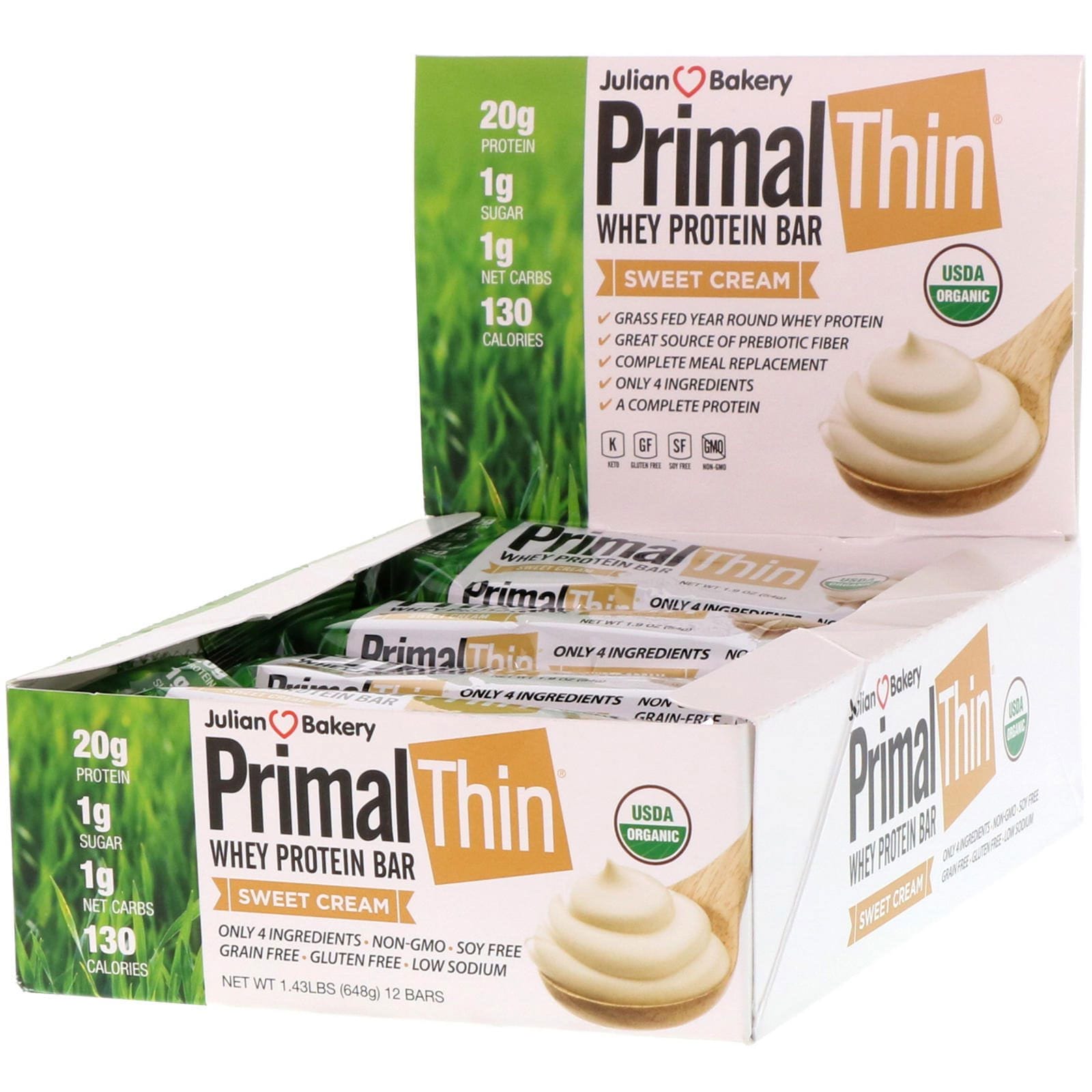 Julian Bakery, PrimalThin Whey Protein Bar, Sweet Cream, 12 Bars, 1.43 lbs (648 g)
