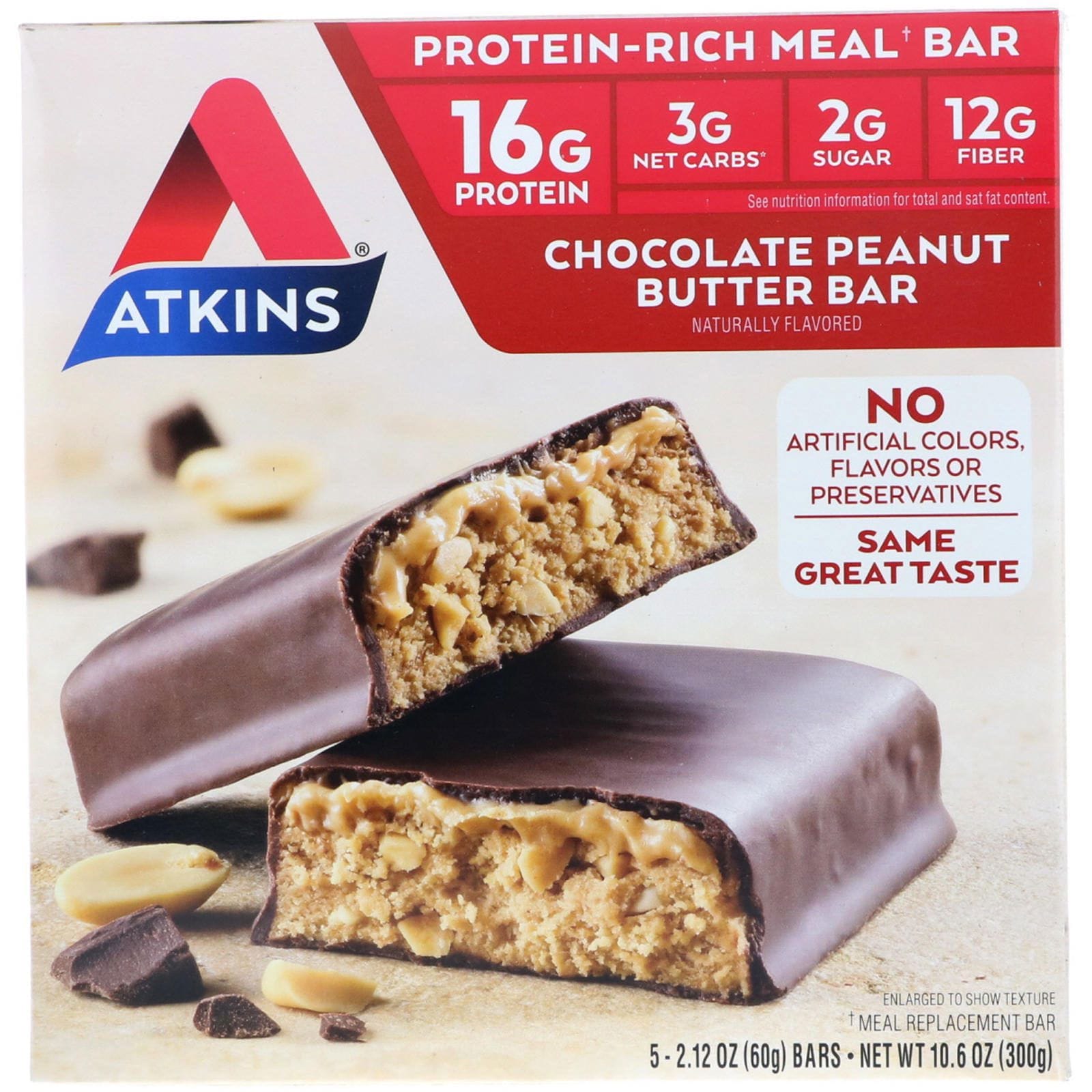 Atkins, Barra alimenticia, barra de chocolate y mantequilla de cacahuate, 5 barras, 2,12 oz (60 g) cada una