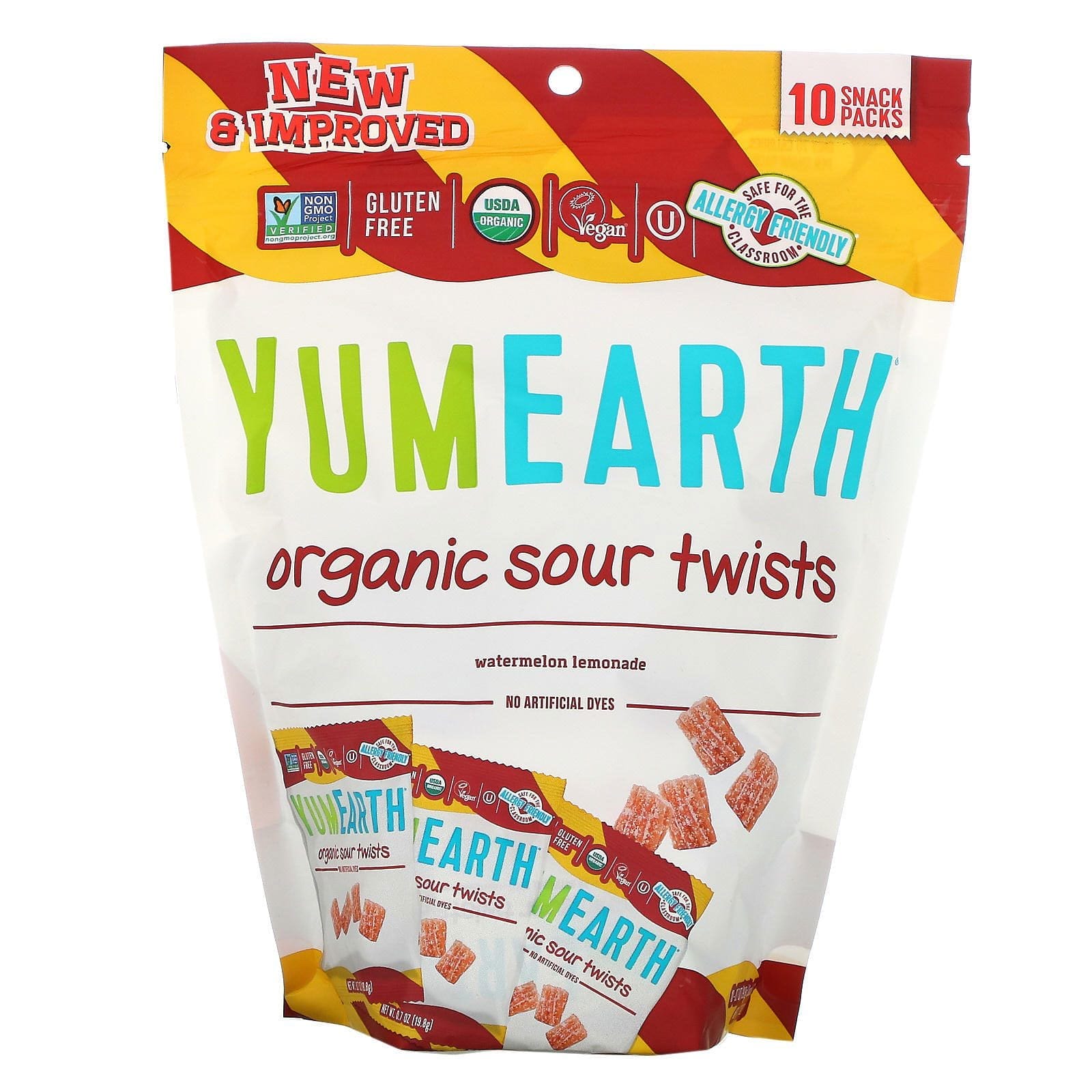 YumEarth, Espirales orgánicos amargos, Limonada de sandía, 10 empaques con bocadillos, 0.7 oz (19.8 g) c/u