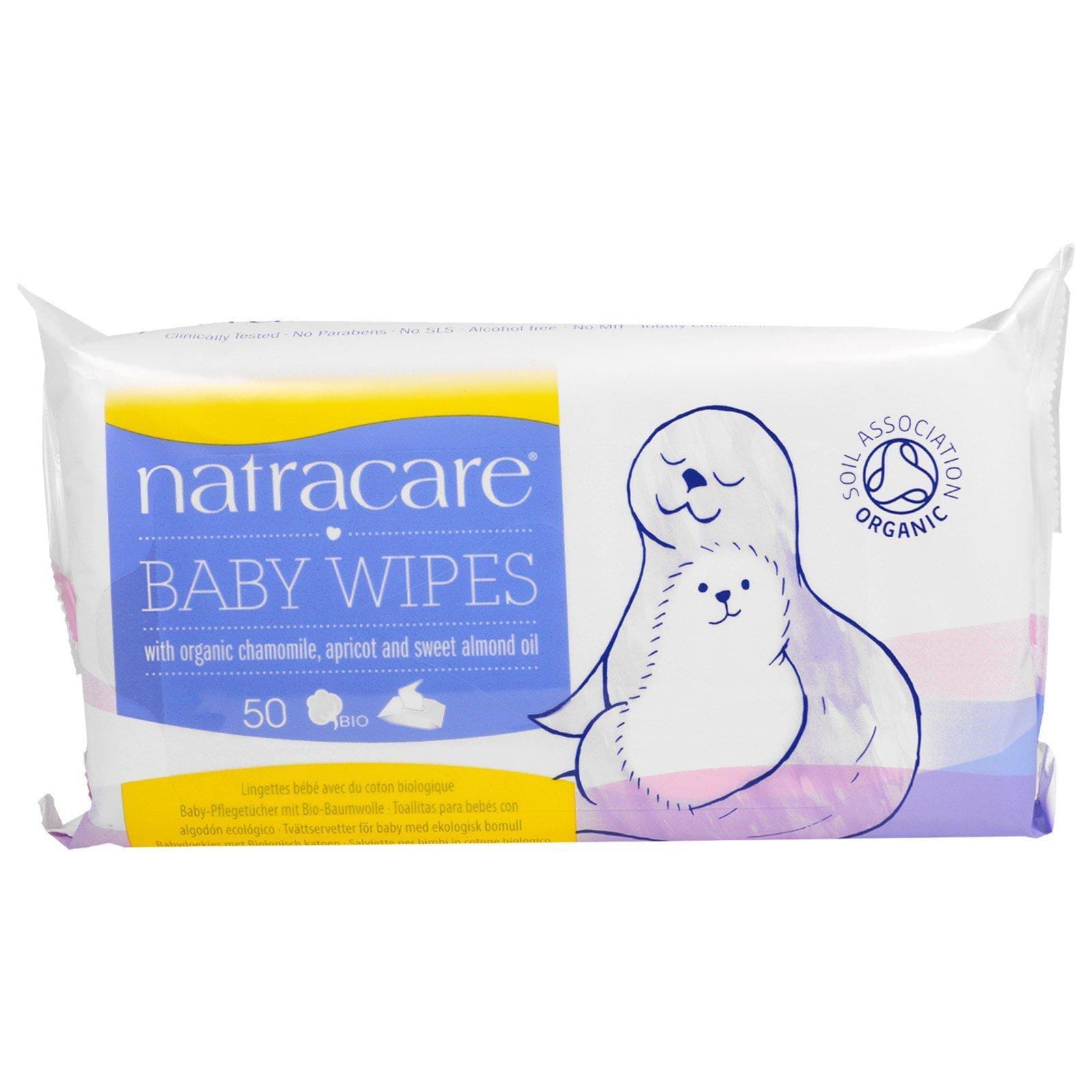 Natracare, Toallitas húmedas para bebé con manzanilla orgánica, damasco y aceite de almendras dulces, 50 toallitas