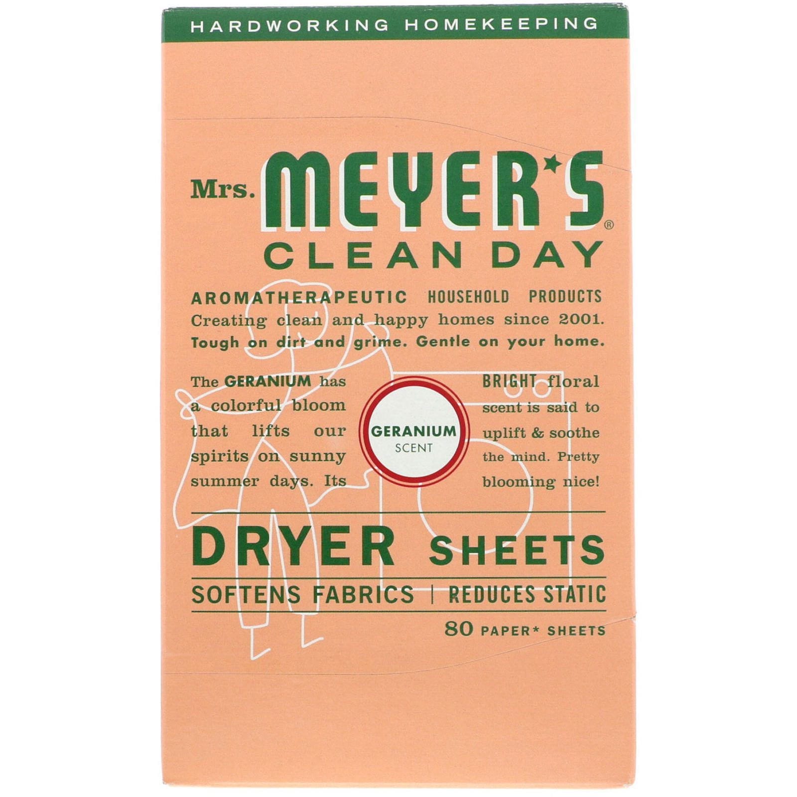 Mrs. Meyers Clean Day, Dryer Sheets, Aroma de Geranio, 80 Hojas
