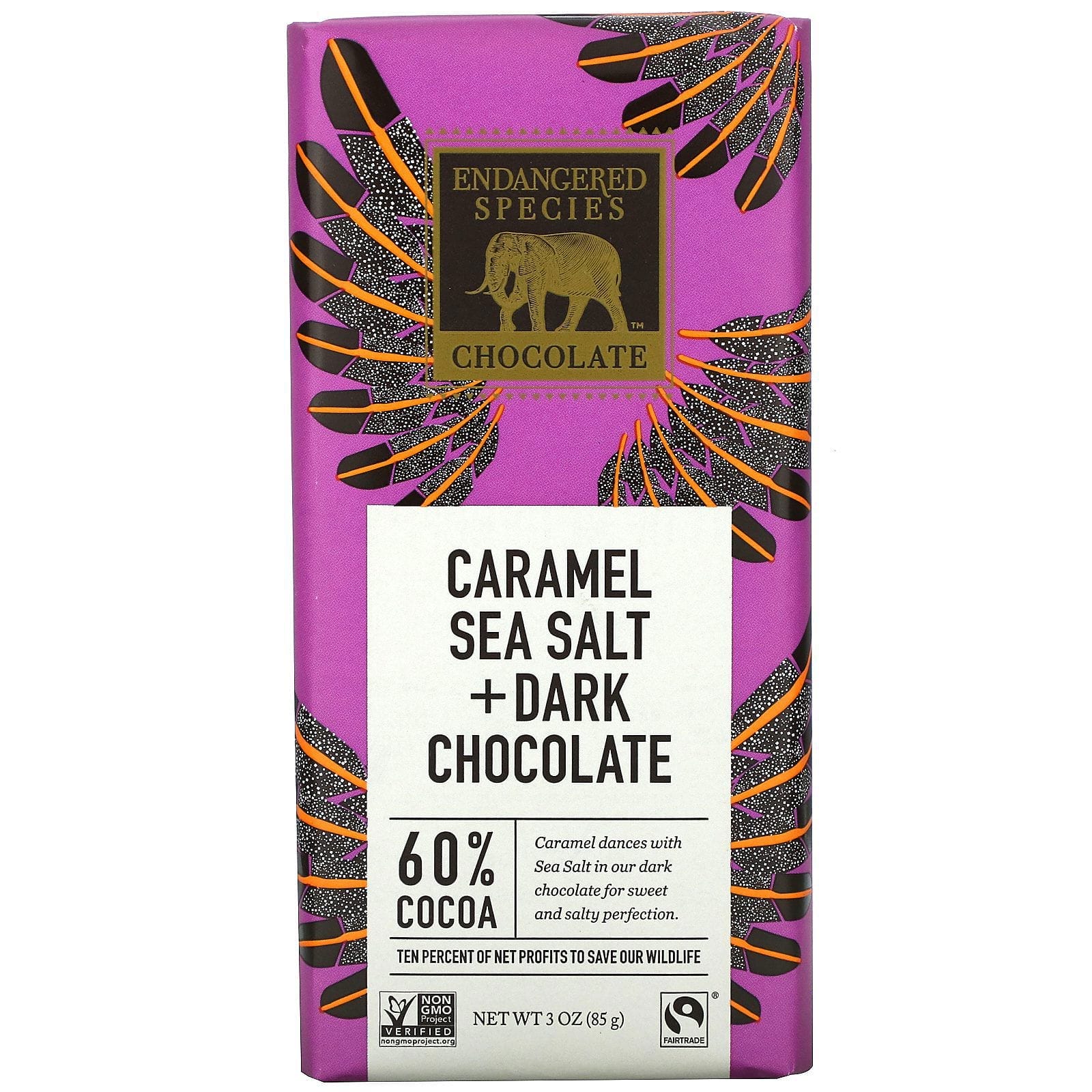 Endangered Species Chocolate, Chocolate negro con sal marina y caramelo, 60 % de cacao, 85 g (3 oz)