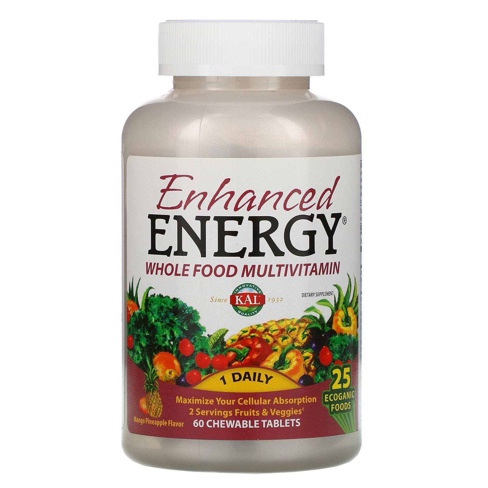 KAL, Enhanced Energy, multivitamínico de alimentos integrales, sabor a mango y piña, 60 comprimidos masticables
