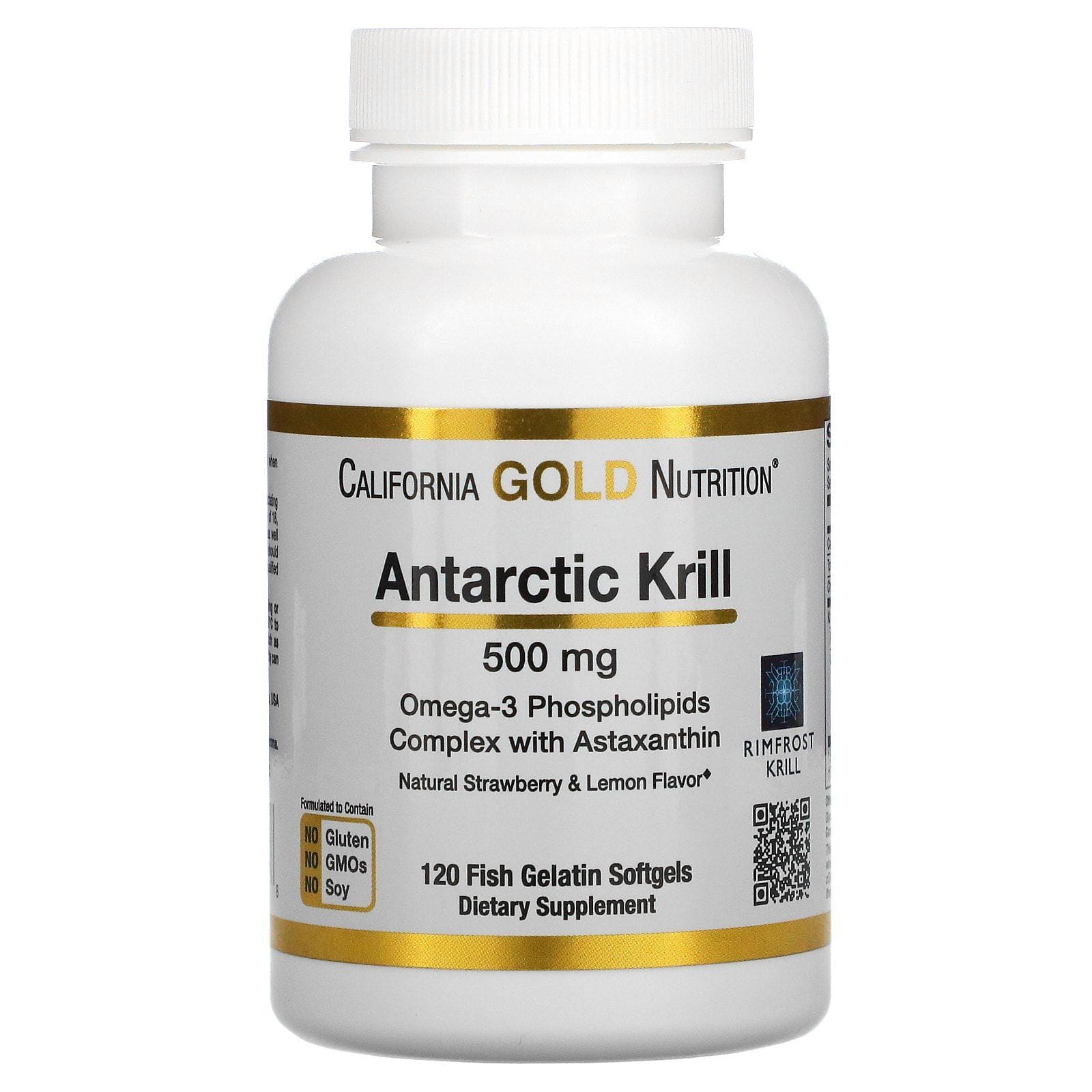 California Gold Nutrition, Aceite de kril antártico, Con astaxantina, RIMFROST, Sabor natural a fresa y limón, 500 mg, 120 cápsulas blandas de gelatina de pescado