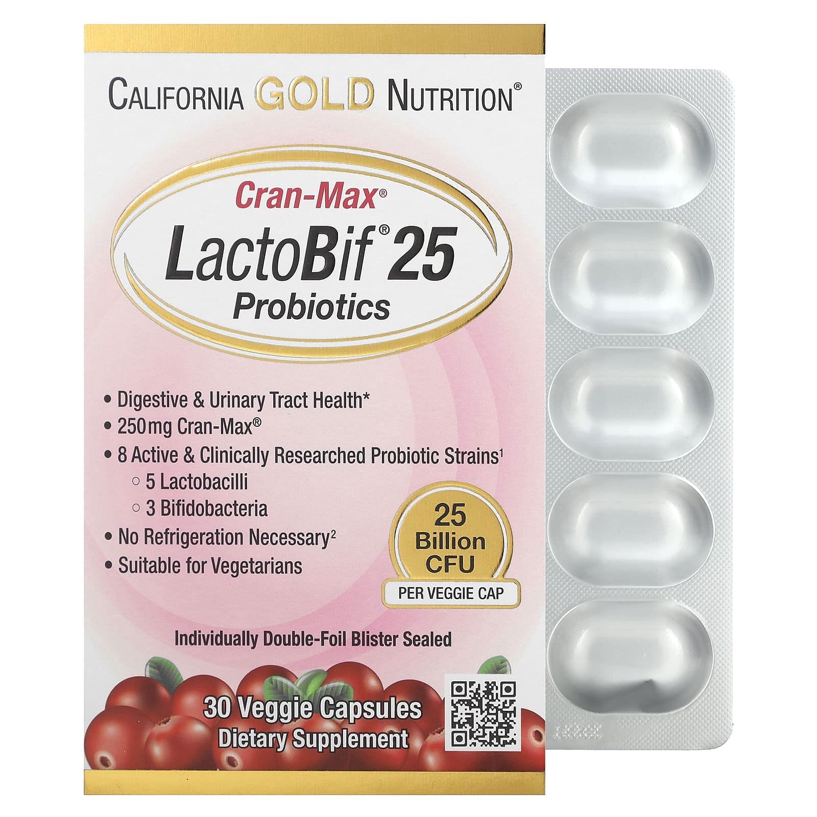 California Gold Nutrition, Lactobif con 25.000 millones de UFC y Cranmax, Suplemento probiótico, 30 cápsulas vegetales