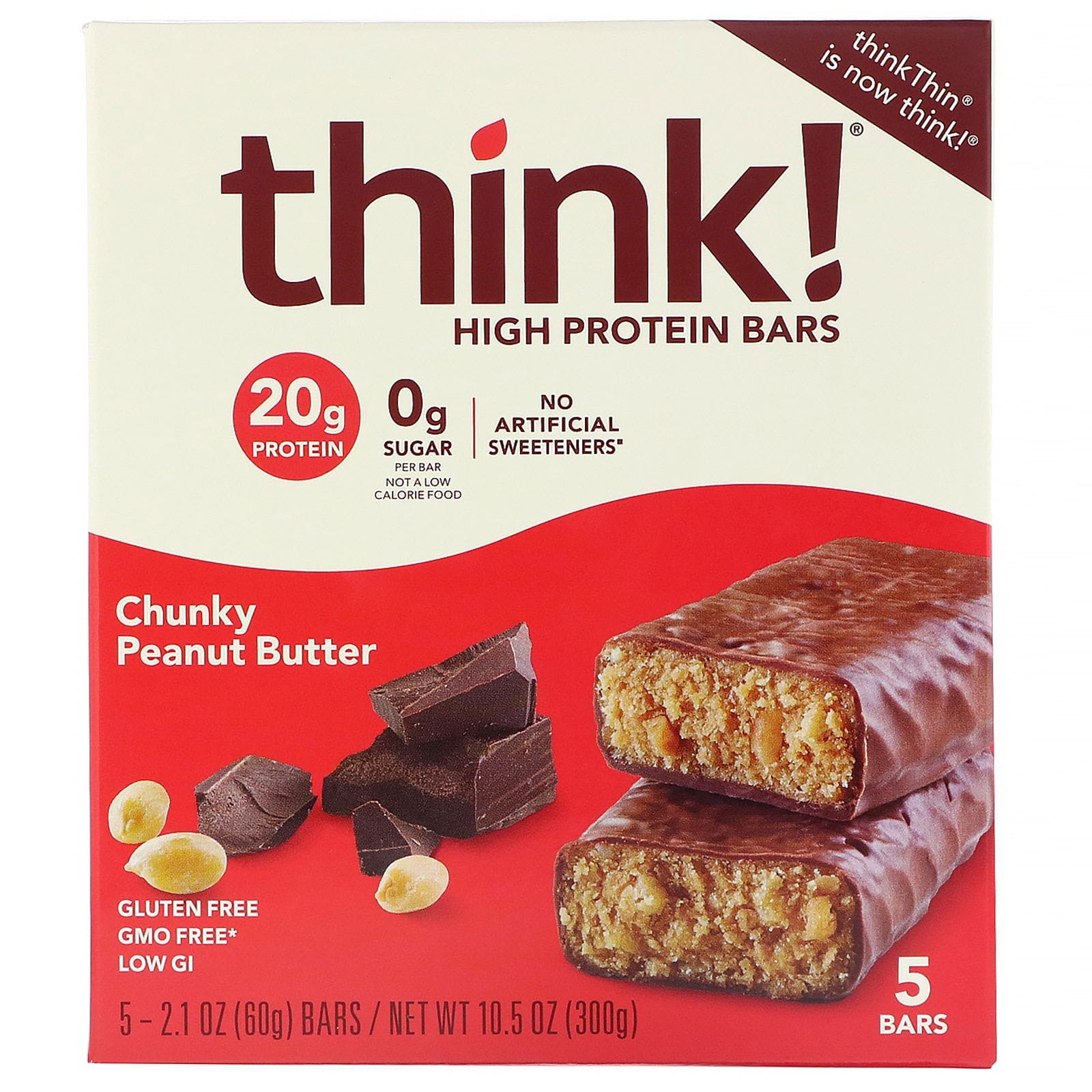 Think !, Barritas altas en proteína, Mantequilla de maní en trozos, 5 barritas, 60 g (2,1 oz) cada una