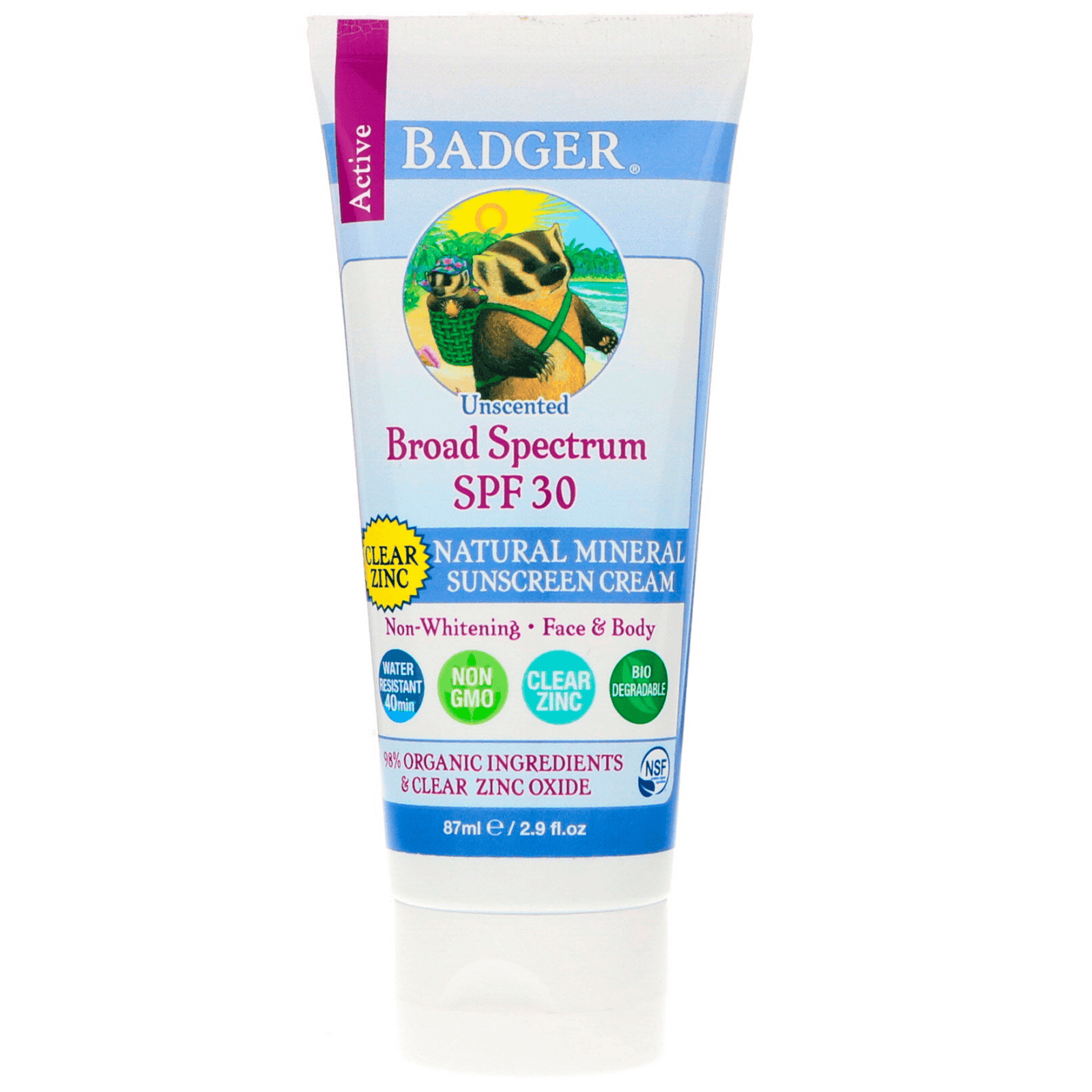 Badger Company, Crema mineral natural para protección solar, zinc limpio, FPS 30, sin fragancia, 2.9 fl. Oz (87 ml)