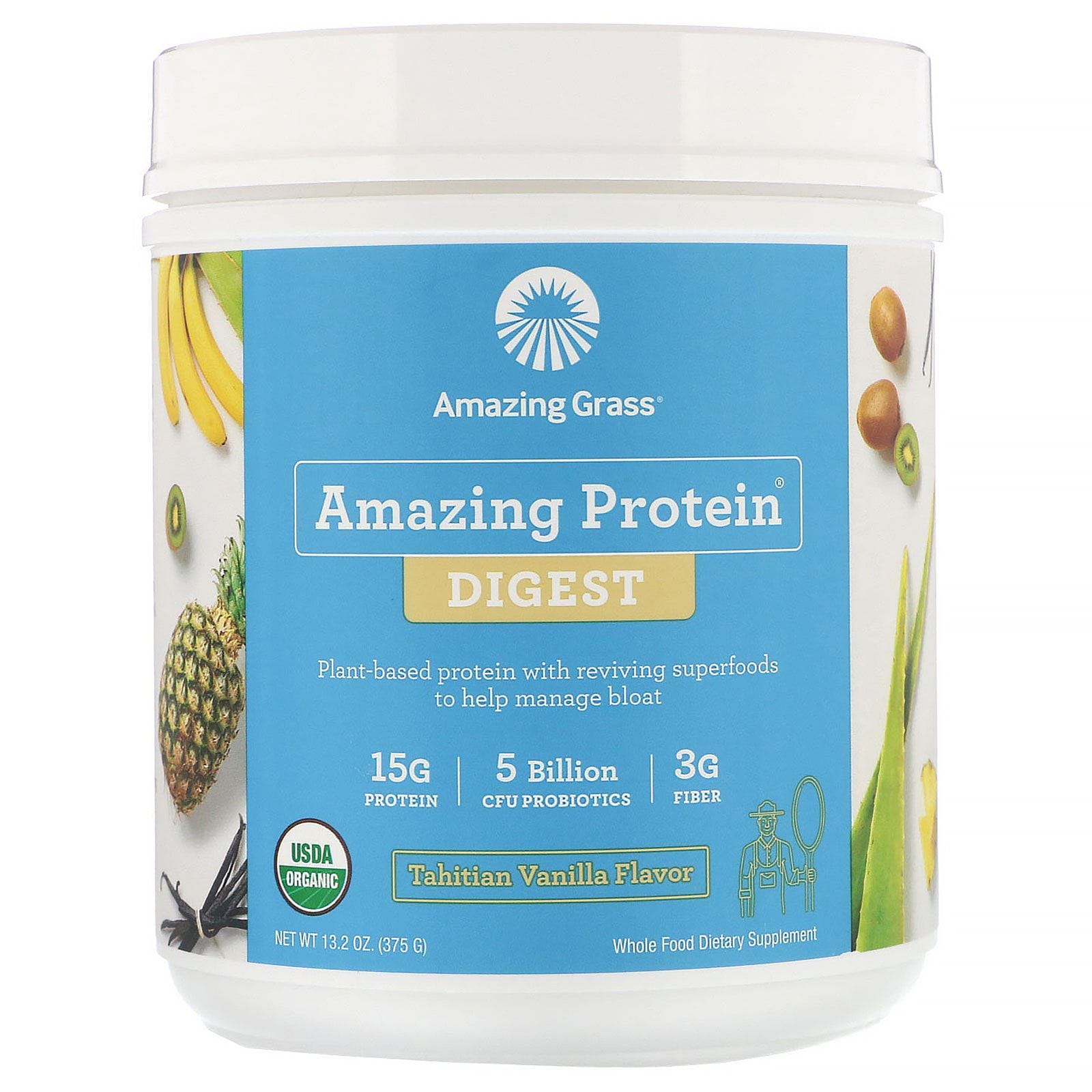 Amazing Grass, Amazing Protein, para la digestión, 5 mil millones de UFC, sabor vainilla de Tahití, 375 g (13,2 oz)
