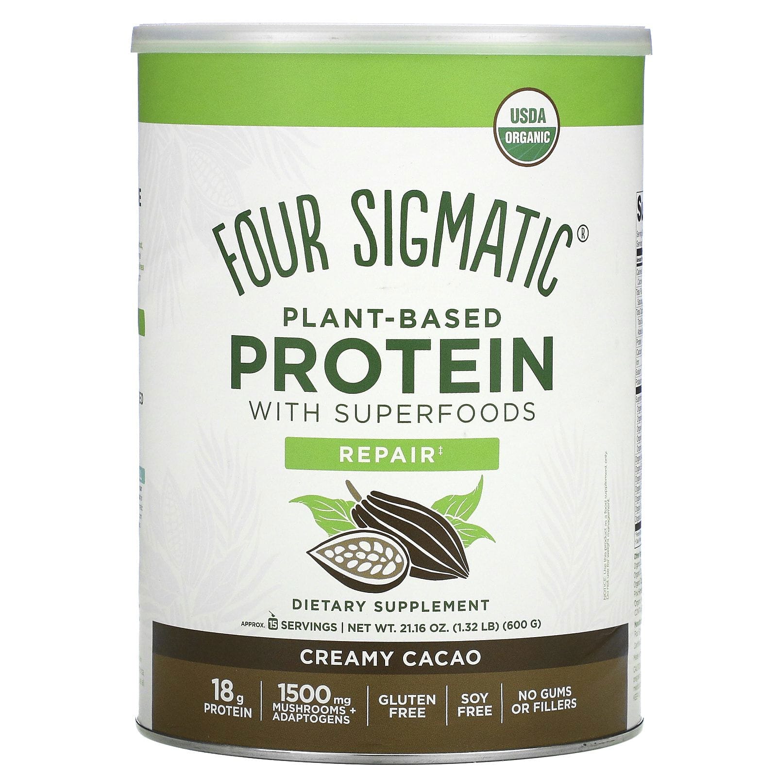 Four Sigmatic, Plant-Based Protein with Superfoods, Creamy Cacao, 21.16 oz (600 g)