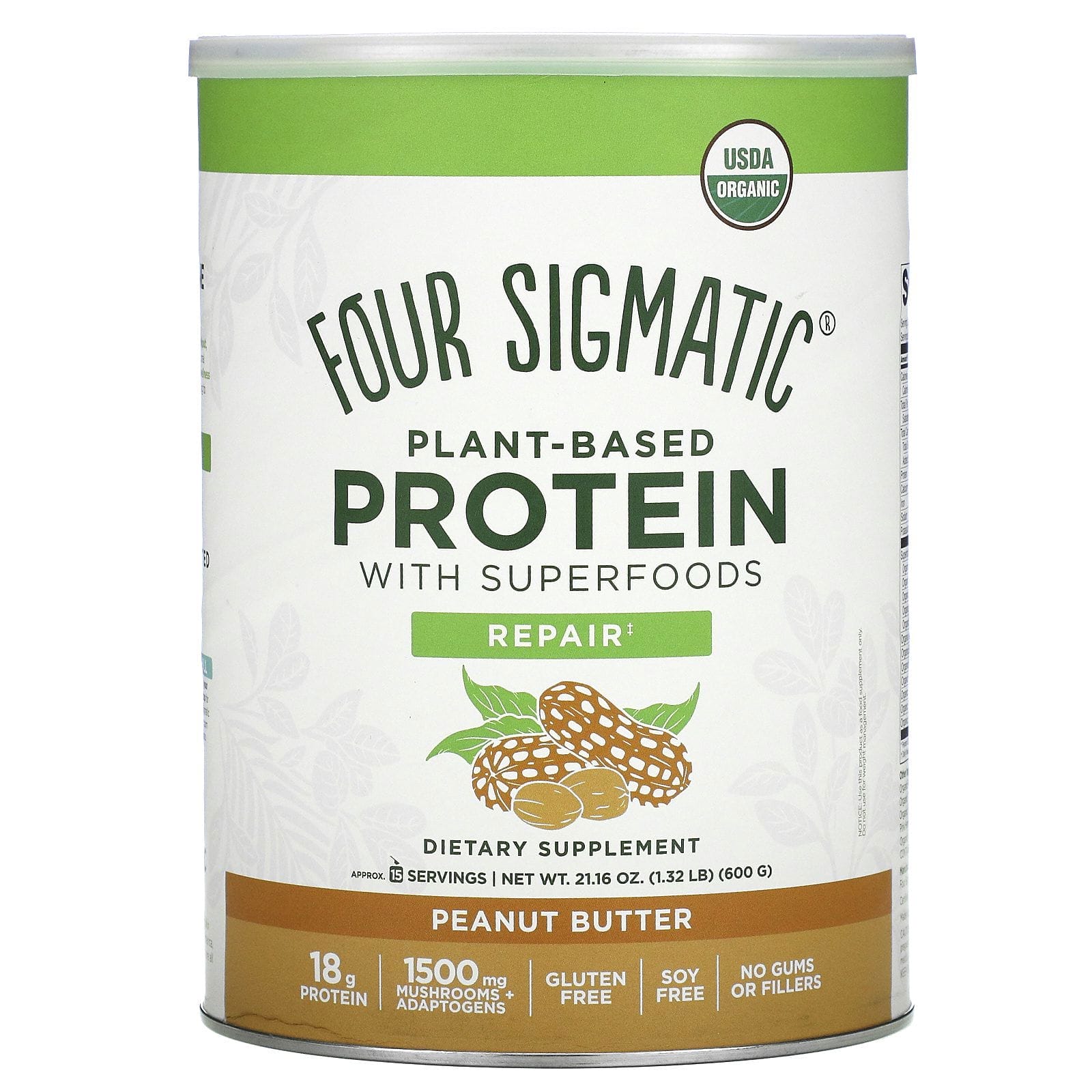 Four Sigmatic, Plant-Based Protein with Superfoods, Peanut Butter, 1.32 lbs (600 g)
