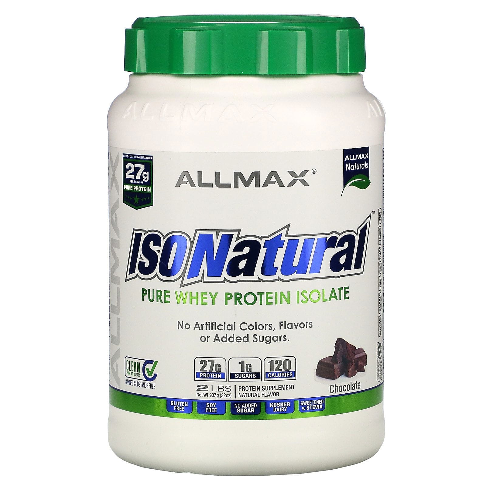 ALLMAX Nutrition, IsoNatural, Aislado de proteína de suero 100% natural ultrapuro, chocolate, 2 lb (907 g)