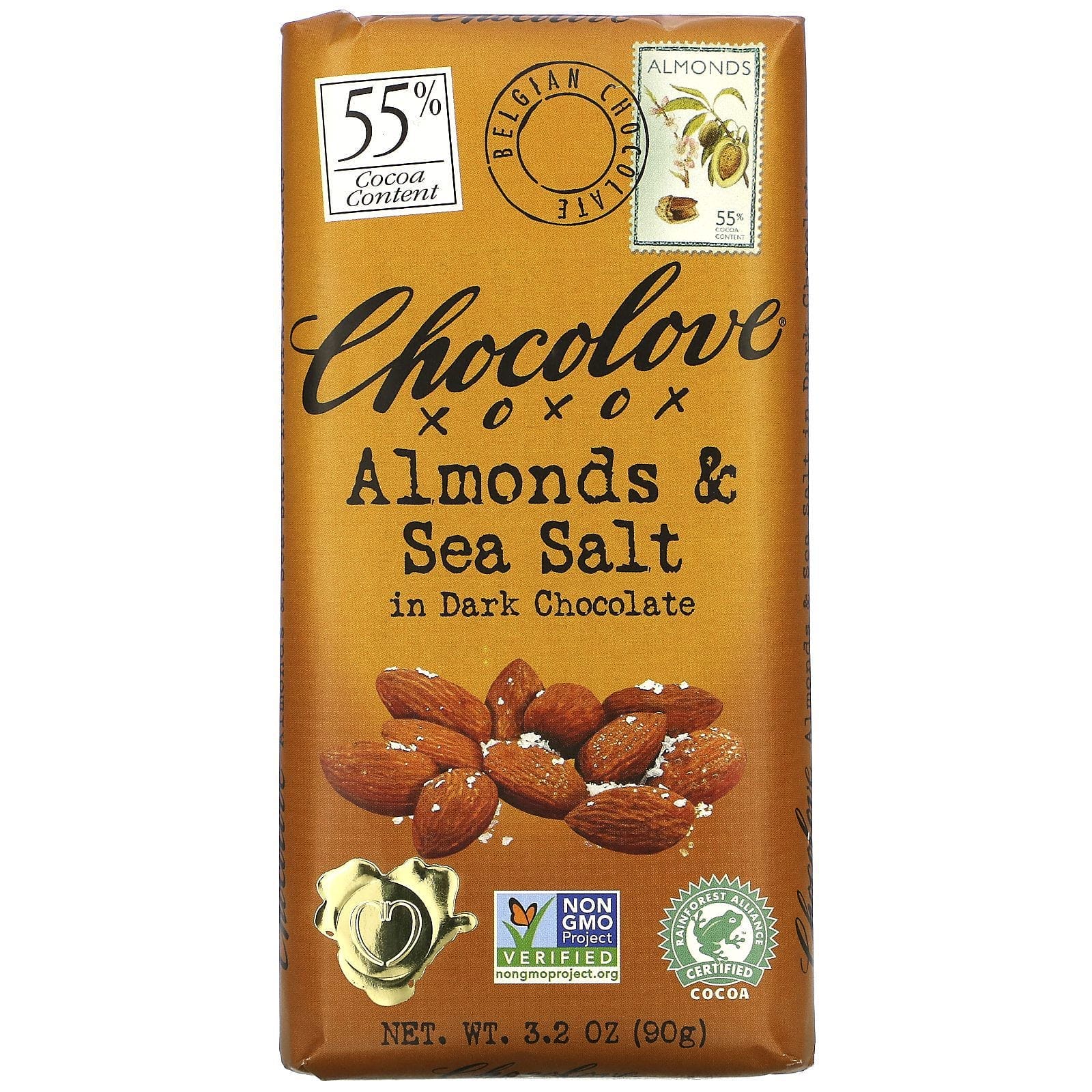 Chocolove, Almendras y sal marina en chocolate negro, 55 % de cacao, 90 g (3,2 oz)