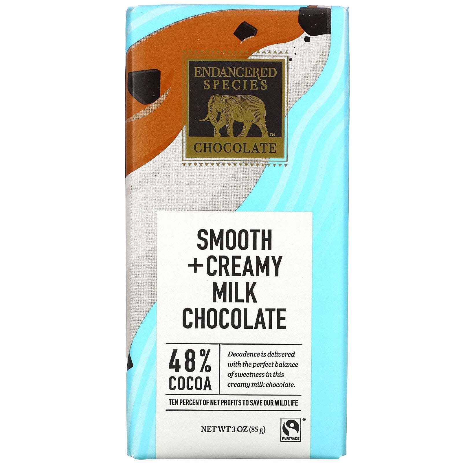 Endangered Species Chocolate, Chocolate con leche, suave y cremoso, 48 % de cacao, 85 g (3 oz)