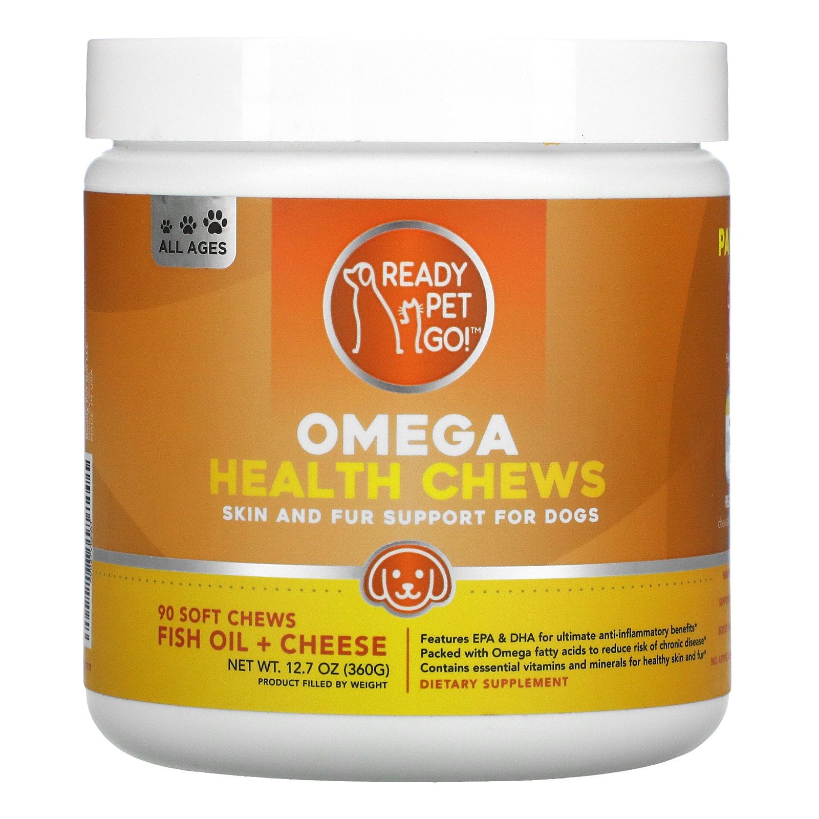 Ready Pet Go, Omega Health Chews, Skin and Fur Support For Dogs, All Ages, Fish Oil + Cheese, 90 Soft Chews