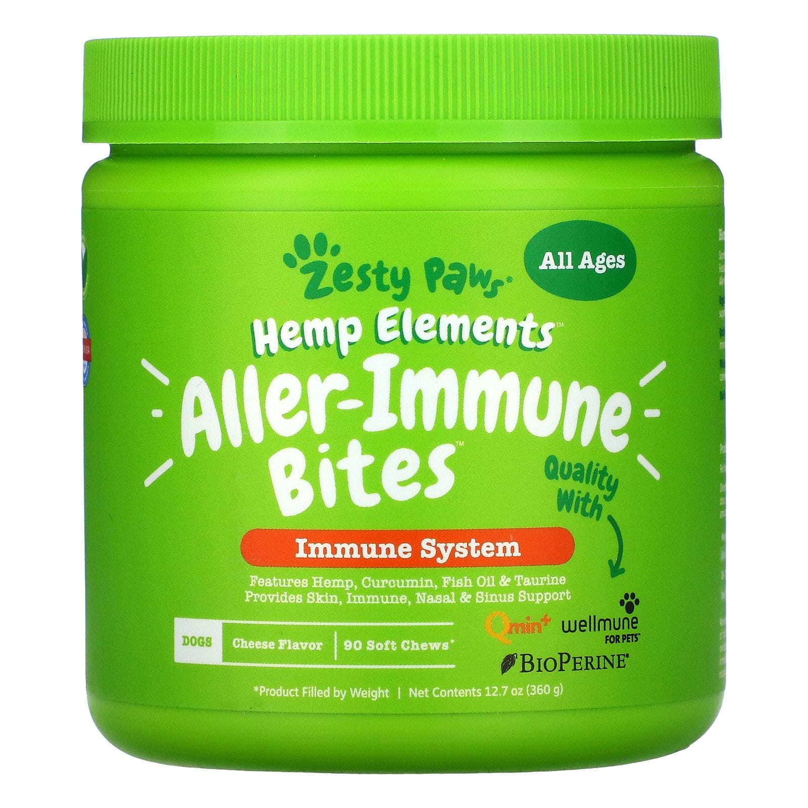 Zesty Paws, Hemp Elements, Aller-Immune Bites For Dogs, All Ages, Cheese, 90 Soft Chews