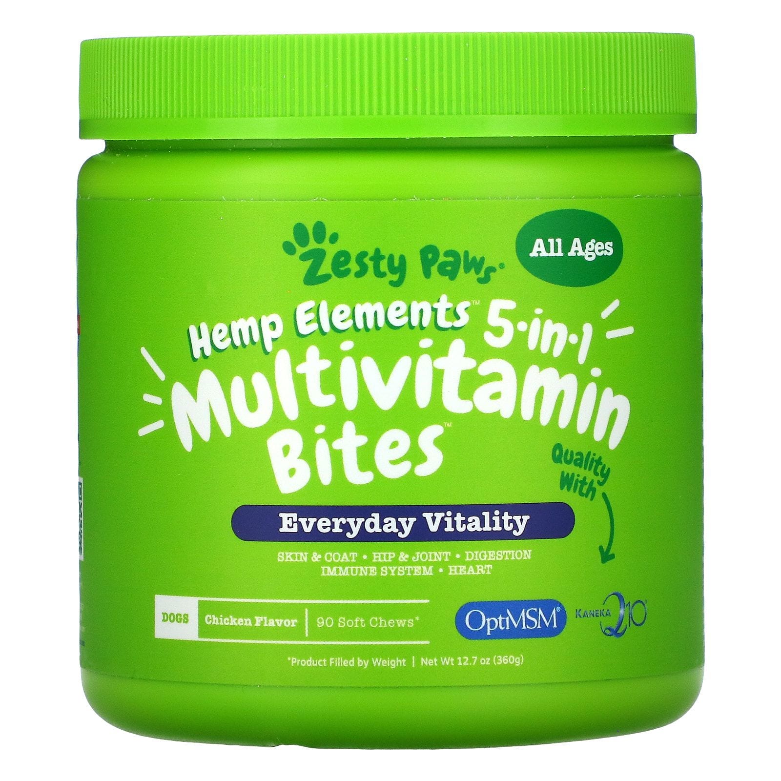 Zesty Paws, Hemp Elements, 5-In-1 Multivitamin Bites For Dogs, All Ages, Chicken, 90 Softgels