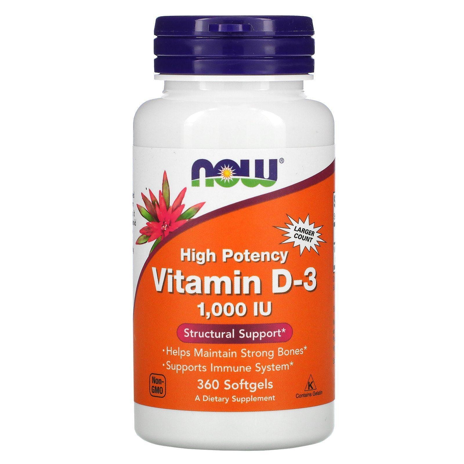 Now Foods, Vitamina D-3, de alta potencia, 1.000 UI, 360 cápsulas blandas