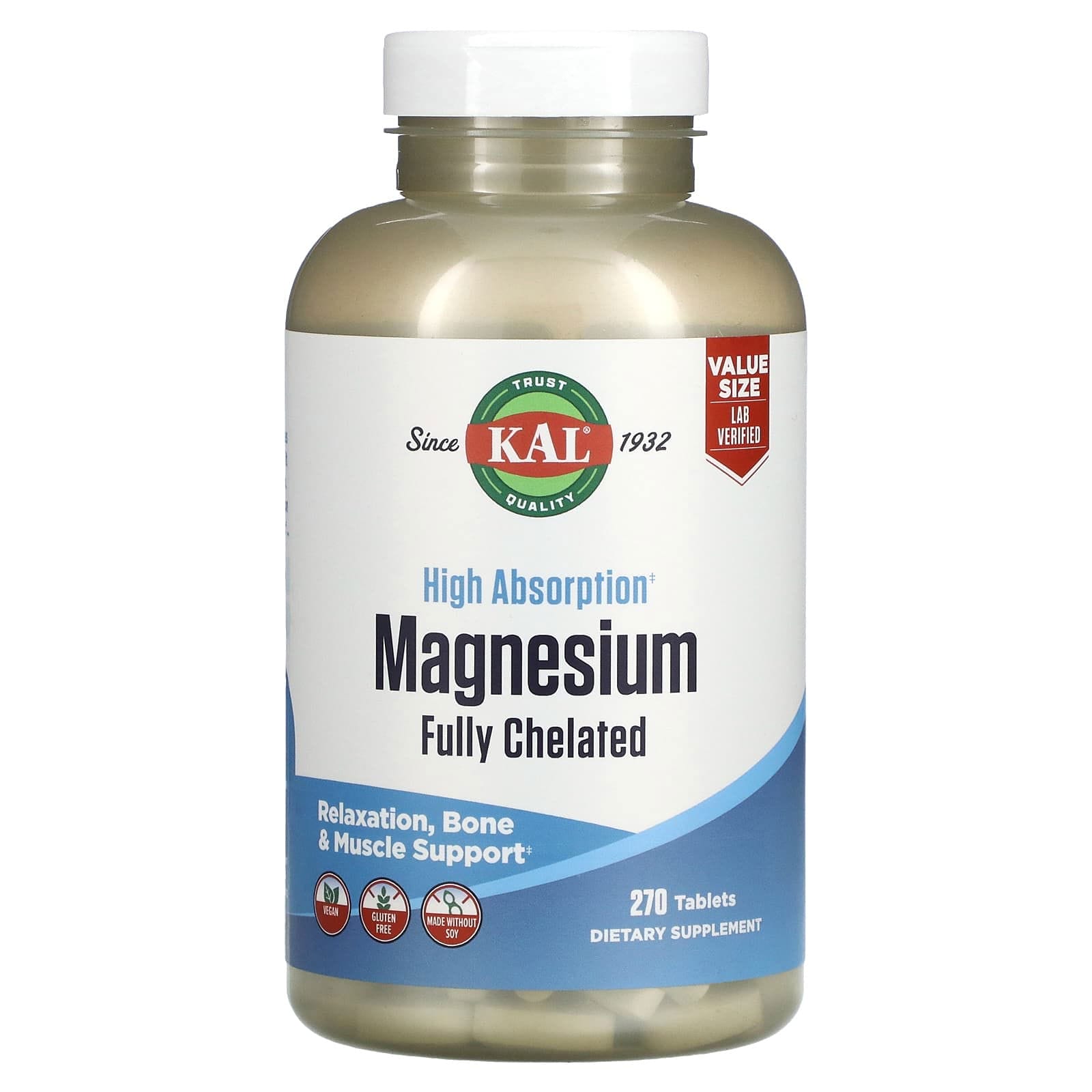 KAL, Magnesio de alta absorción completamente quelado, 270 comprimidos
