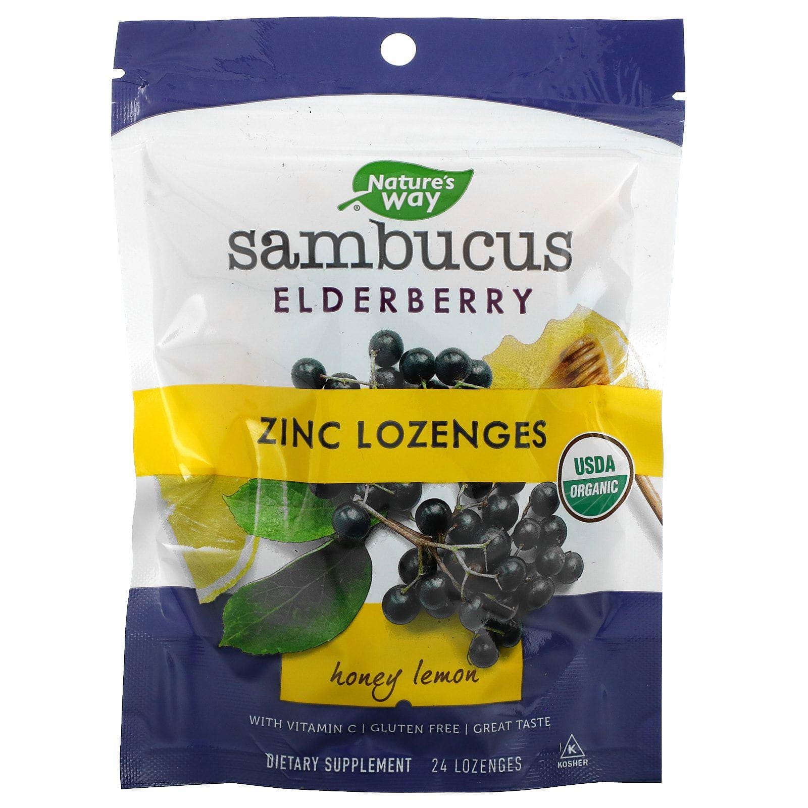 Nature's Way, Sambucus, Pastillas de zinc, Limón miel, 24 pastillas