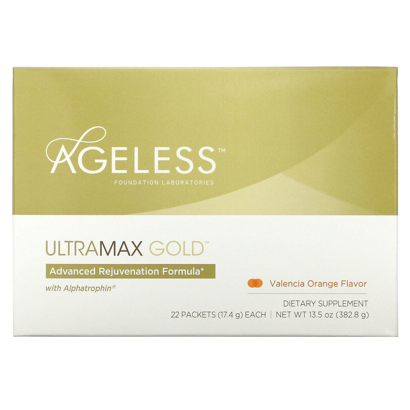 Ageless Foundation Laboratories, UltraMax Gold, Fórmula Avanzada Rejuvenecedora con Alfa-trofín, Sabor a Naranja de Valencia, 22 Paquetitos, 13.5 oz (17.4 g) c/u