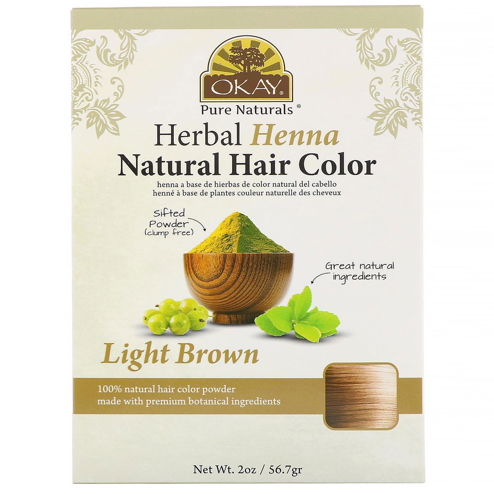 Okay Pure Naturals, Tintura para el cabello natural de henna herbaria, Marrón claro, 56,7 g (2 oz.)
