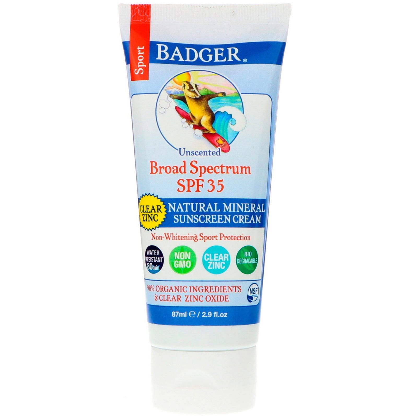 Badger Company, Deporte, crema mineral natural para protección solar, zinc limpio, FPS 35, sin fragancia, 2.9 fl. Oz (87 ml)