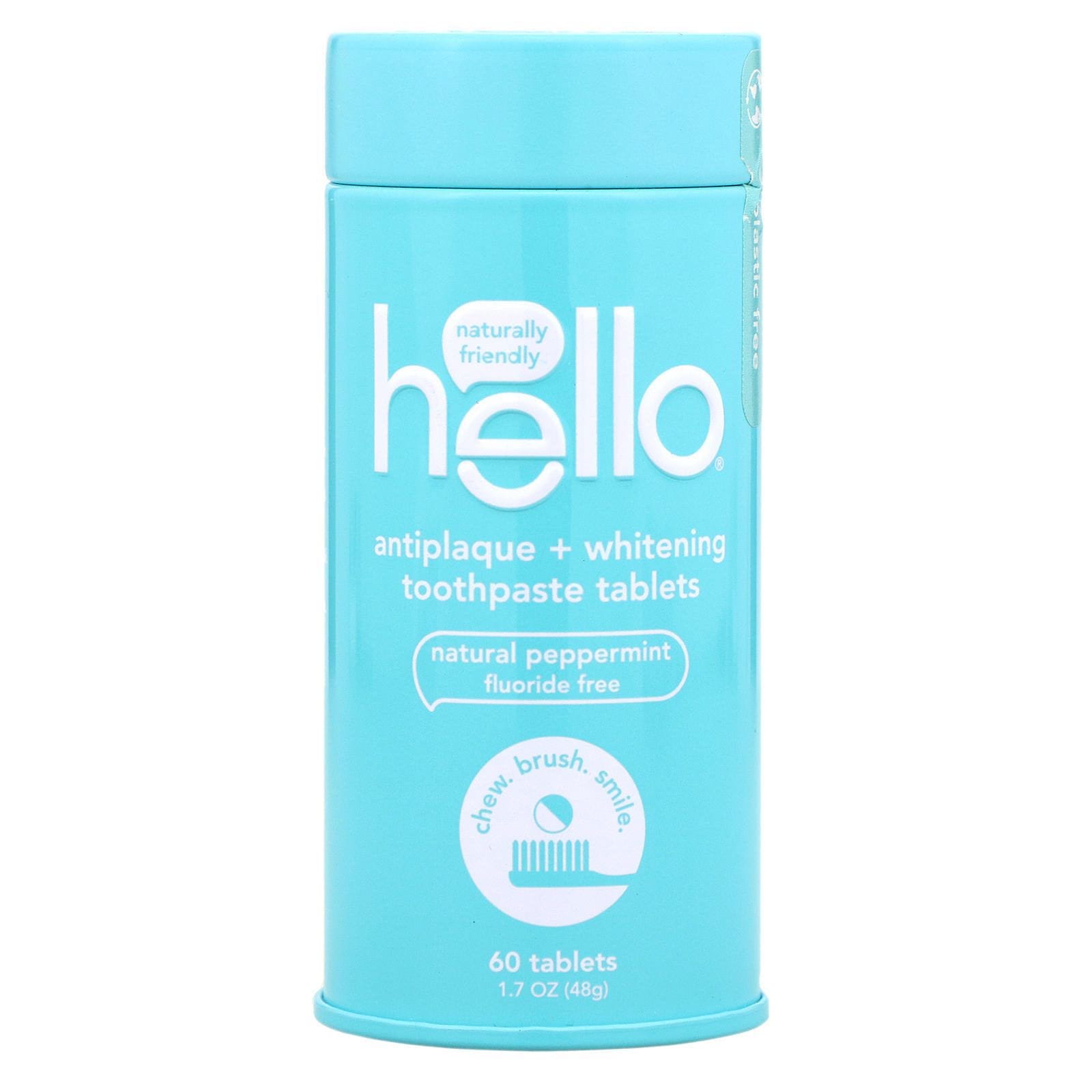 Hello, Comprimidos de pasta dental antiplaca y blanqueadoras, Menta natural, 60 comprimidos