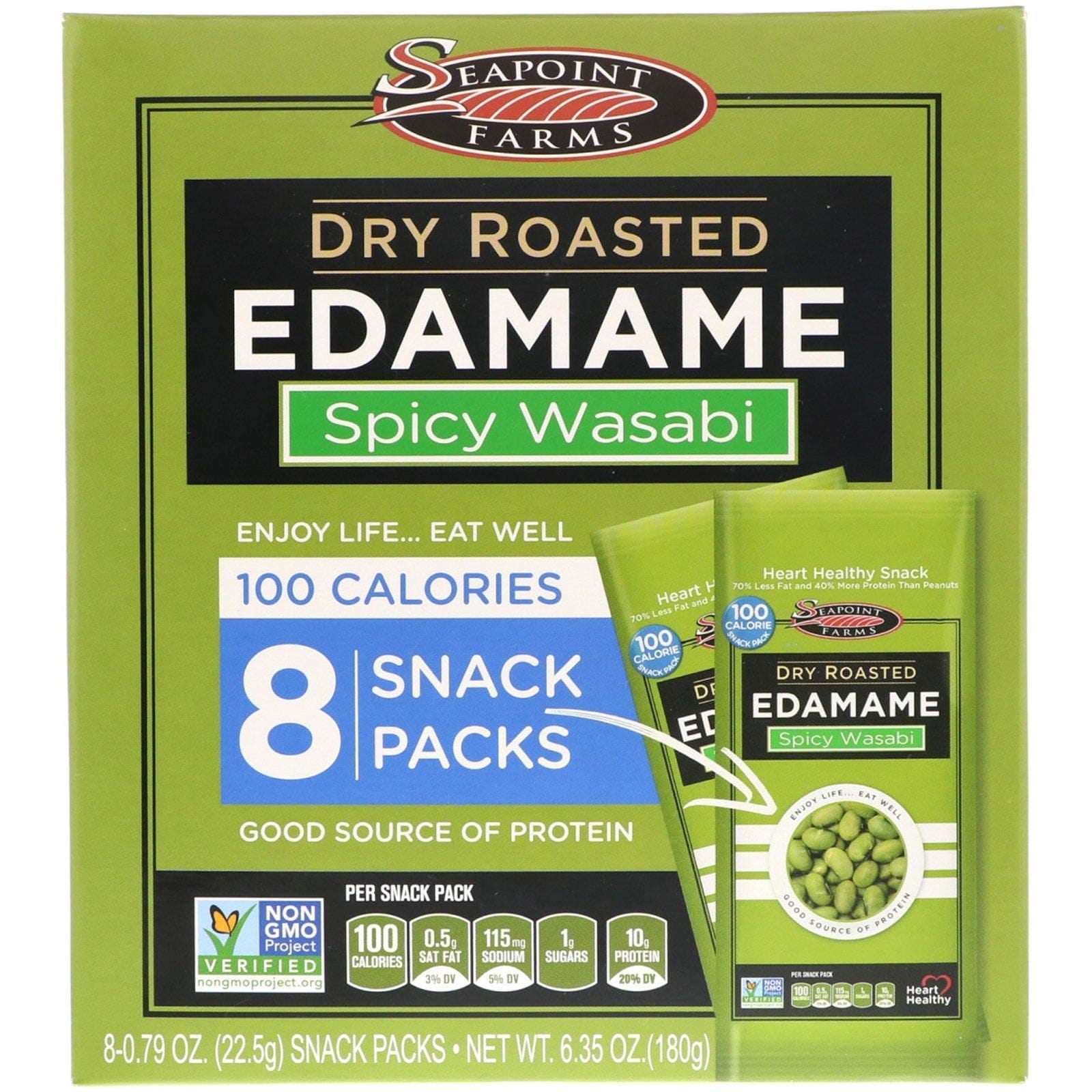 Seapoint Farms, Edamame Seco y Rostizado, Wasabi Especiado, 8 Paquetes de Refrigerios, 0.79 oz (22.5 g) Cada uno