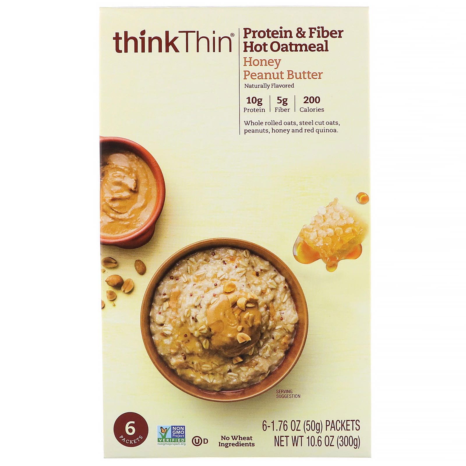 ThinkThin, Harina de avena caliente con proteínas y fibra, Mantequilla de maní y miel, 6 paquetes, 1,76 oz. (50 g) cada uno