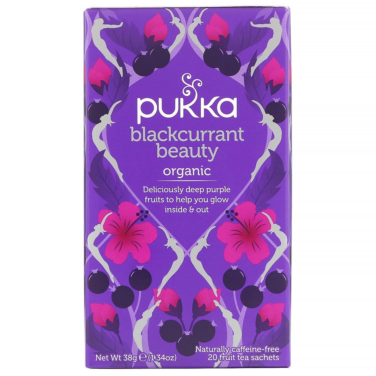 Pukka Herbs, Belleza con grosella negra orgánica, Sin cafeína, 20 saquitos de té frutal, 38 g (1,34 oz)