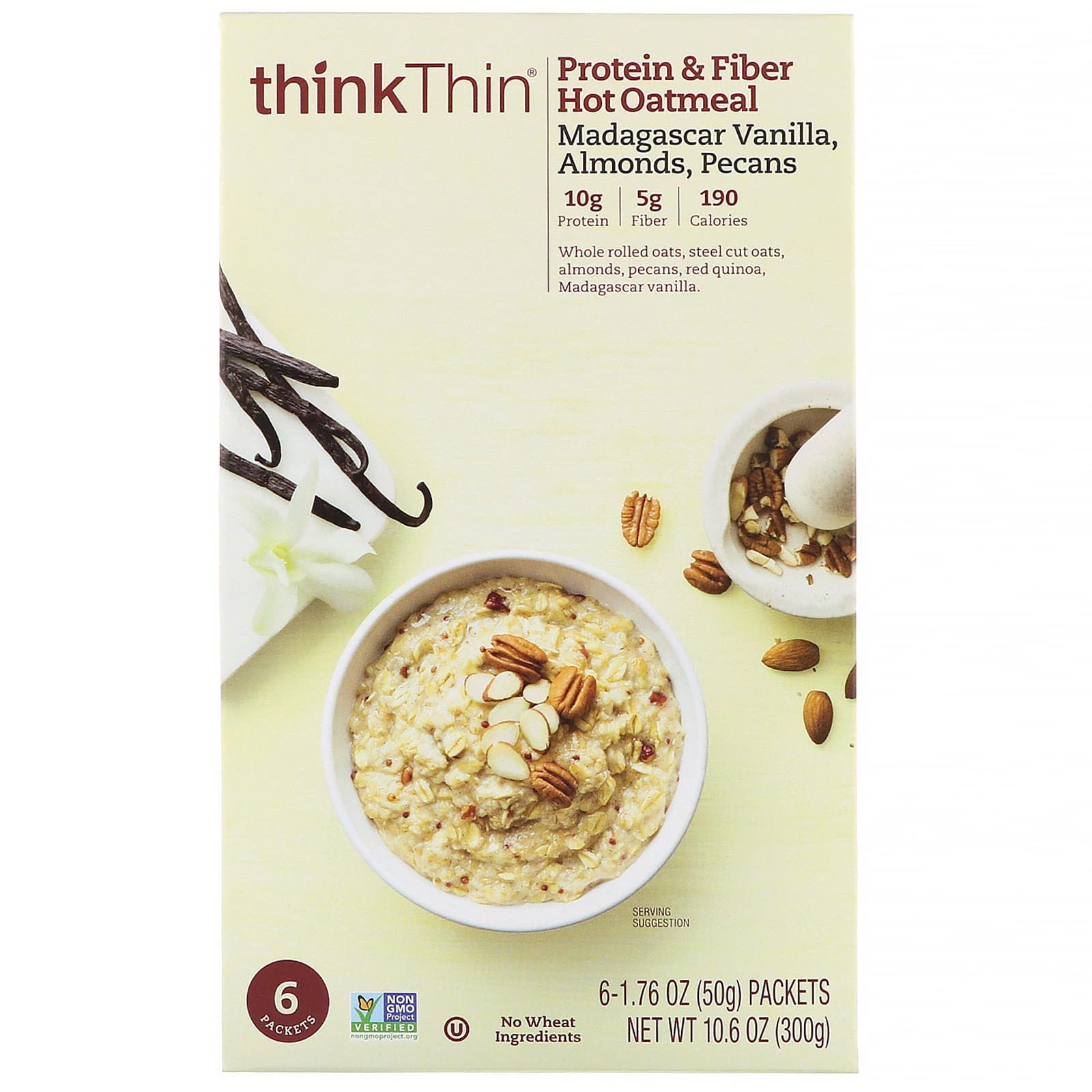 ThinkThin, Harina de avena caliente con proteínas y fibra, Vainilla de Madagascar, Almendras, Pecanas, 6 paquetes, 1,76 oz. líq. (50 g) cada uno