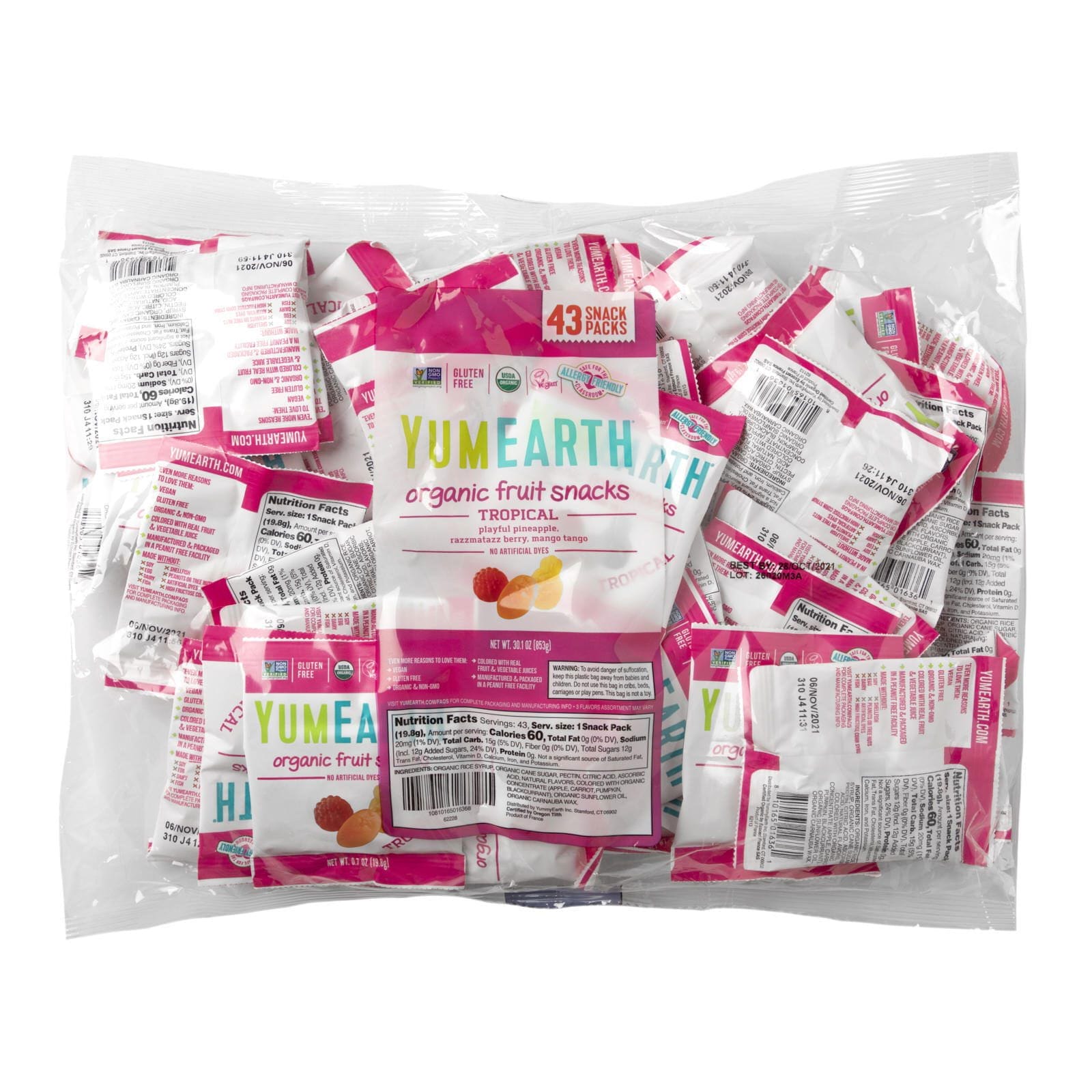 YumEarth, Organic Fruit Snacks, Tropical, 43 Packs, 0.7 oz (19.8 g) Each